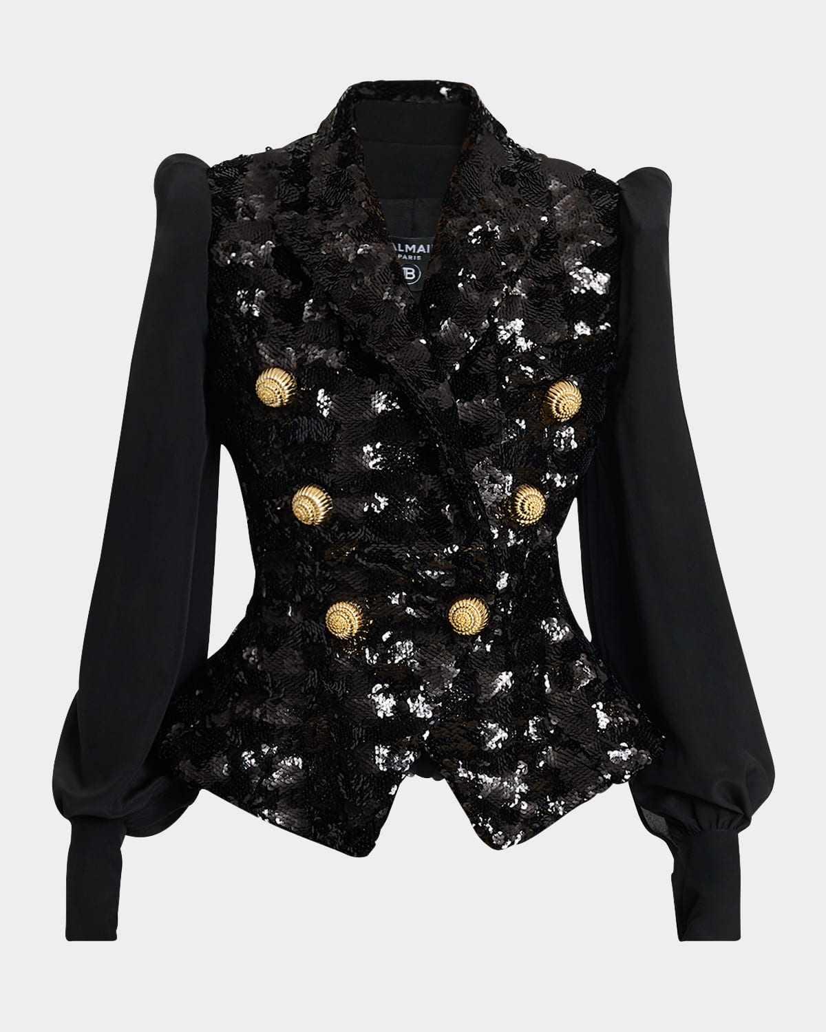 Balmain Sequined Double-breasted Blazer With Muslin Sleeves In Black