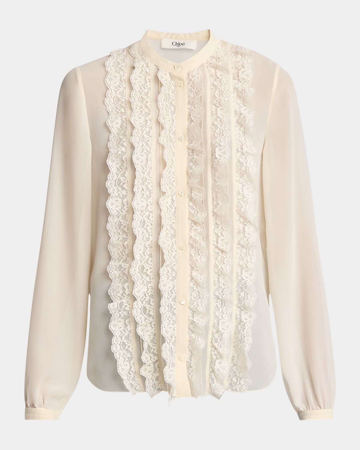 CHLOÉ LACE-RUFFLE BIB SILK BUTTON-DOWN TOP 