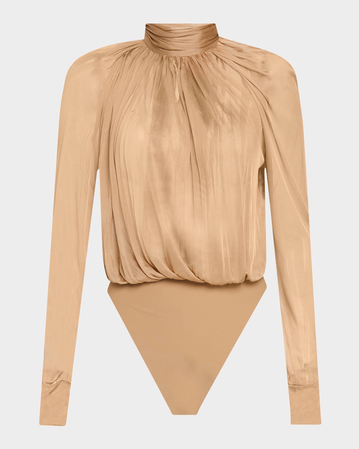 Saint Laurent Turtleneck Sheer Voile Jersey Bodysuit In Noisette