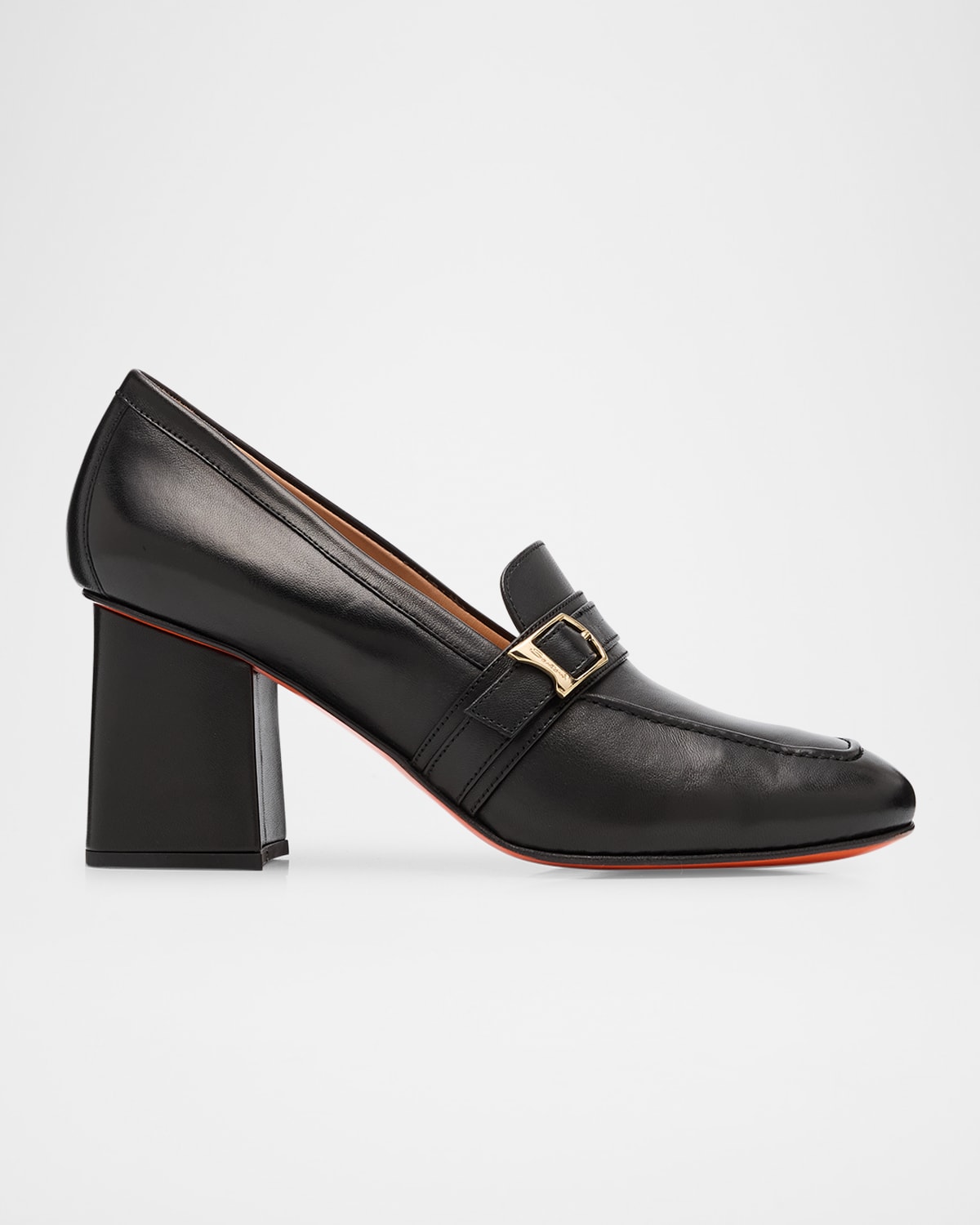 Shop Santoni Claudette Leather Buckle Heeled Loafers In Black