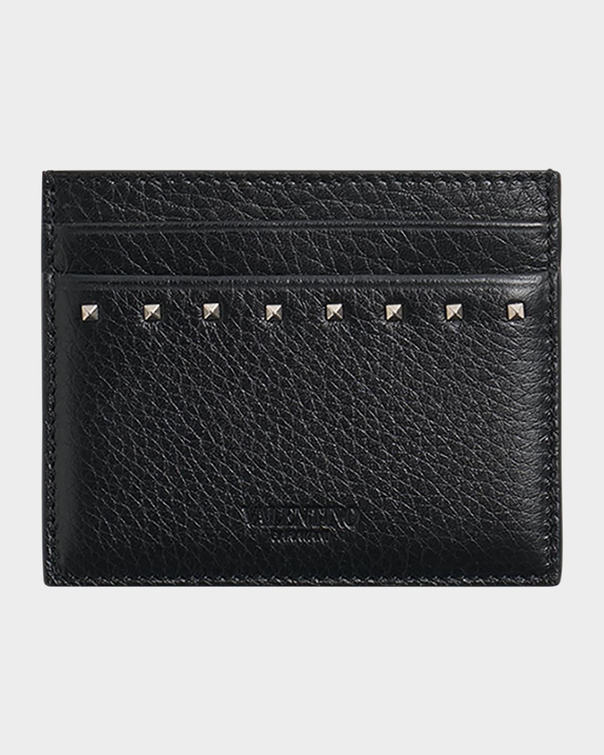 Valentino Garavani Rockstud Grainy Calfskin Cardholder In Nero