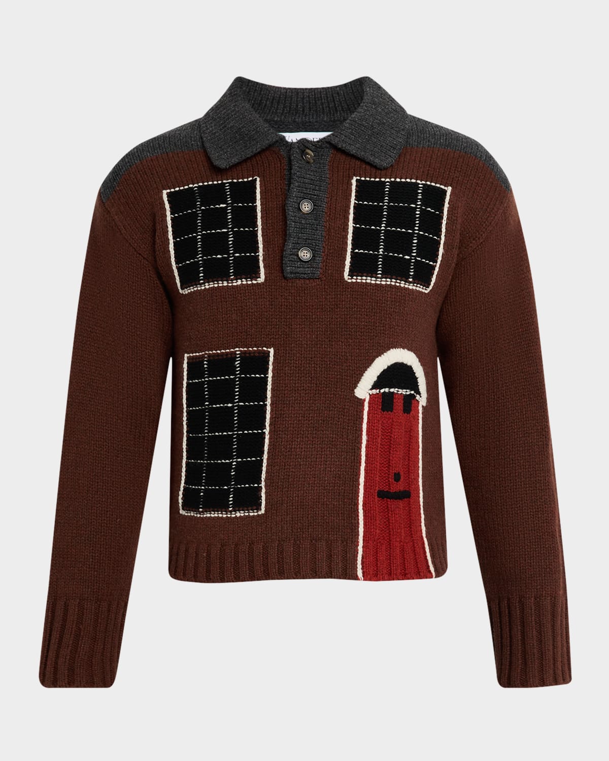 Jw Anderson House' Intarsia Polo Sweater In Dark Brown