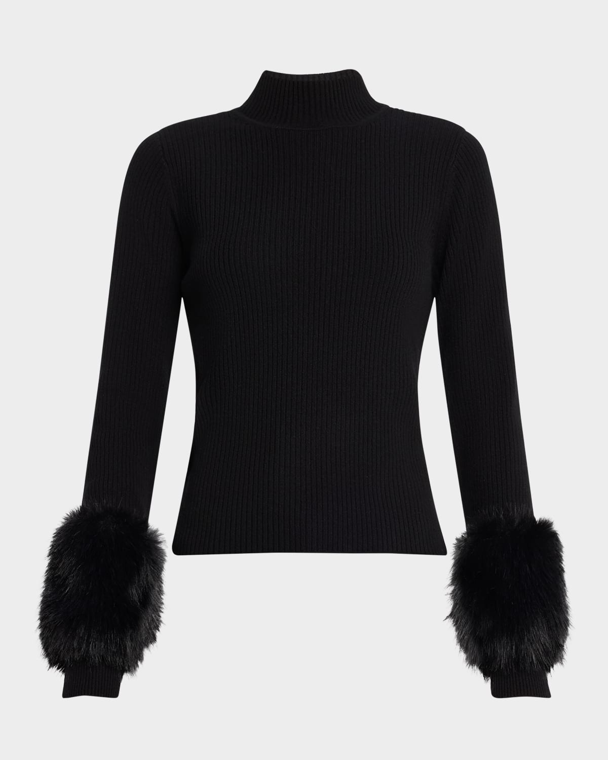 Ramy Brook Magnus Faux Fur Trim Merino Wool Blend Rib Top In Black Faux Fur