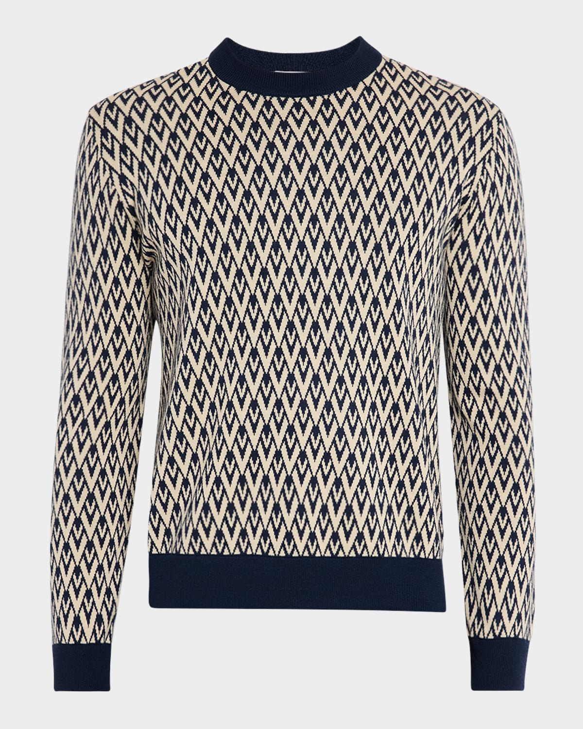 Valentino Crewneck Wool Jumper With Toute La V Jacquard Pattern In Navy/cream