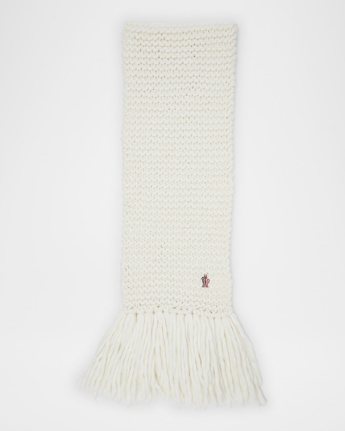 Moncler Fringe Wool Logo Scarf In White
