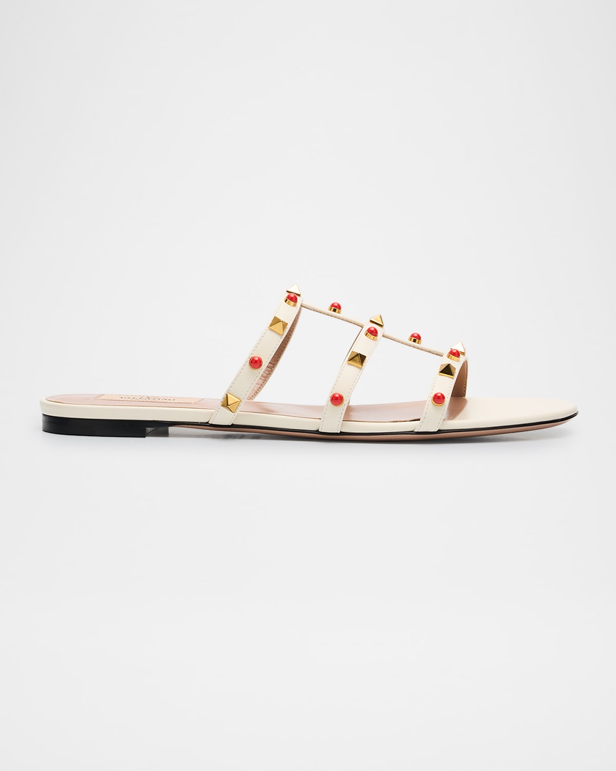 Valentino Rockstud Caged Leather Flat Sandals In Ivory/coral Red