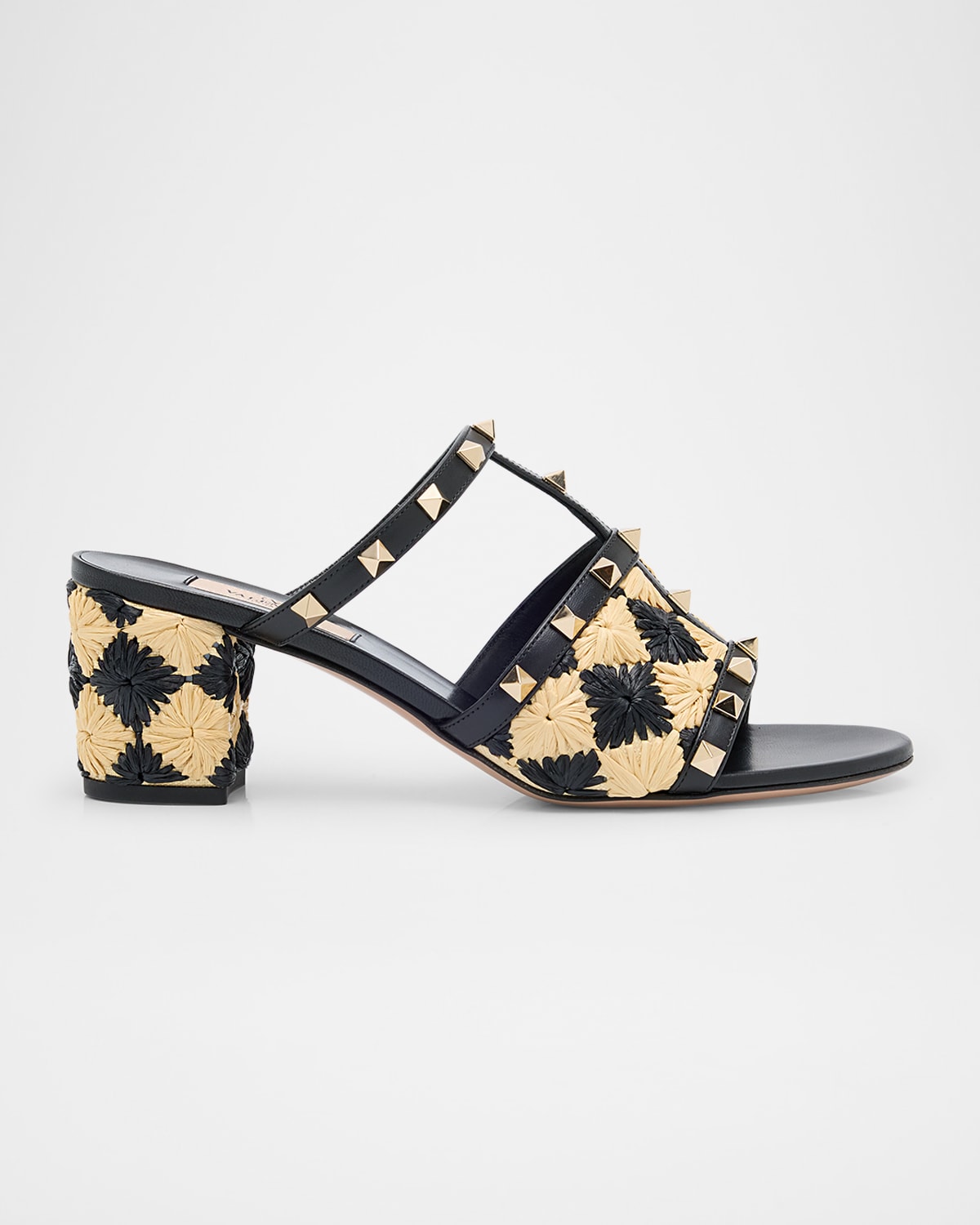 Valentino Rockstud Raffia T-strap Slide Sandals In Nero/naturale/nero