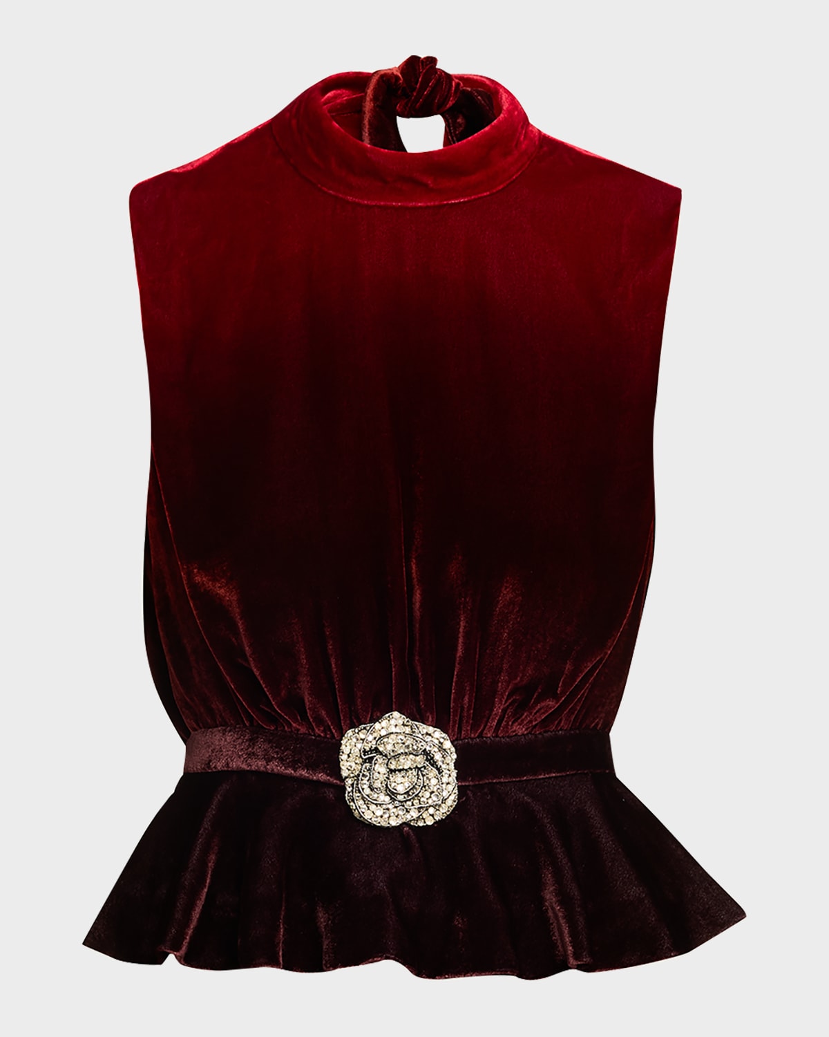 Saloni Fleur Belted High-neck Velvet Top In Burgundy