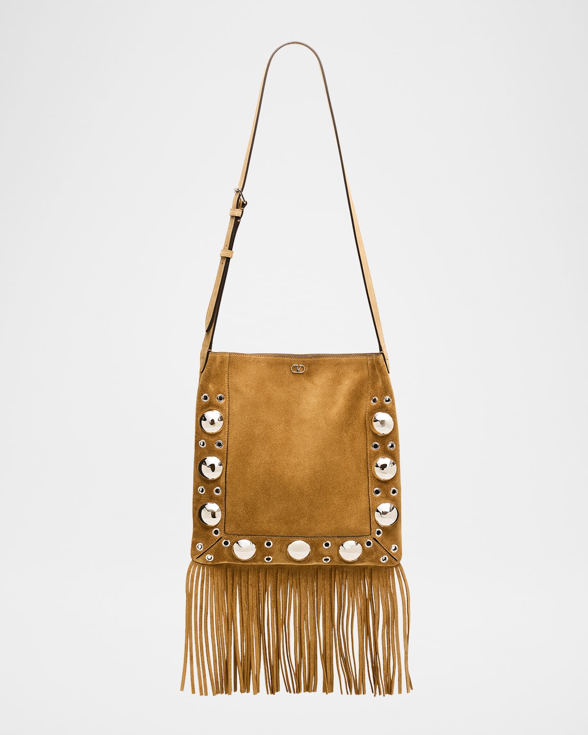Valentino Garavani Nellcote Studded Fringe Suede Crossbody Bag In Brown