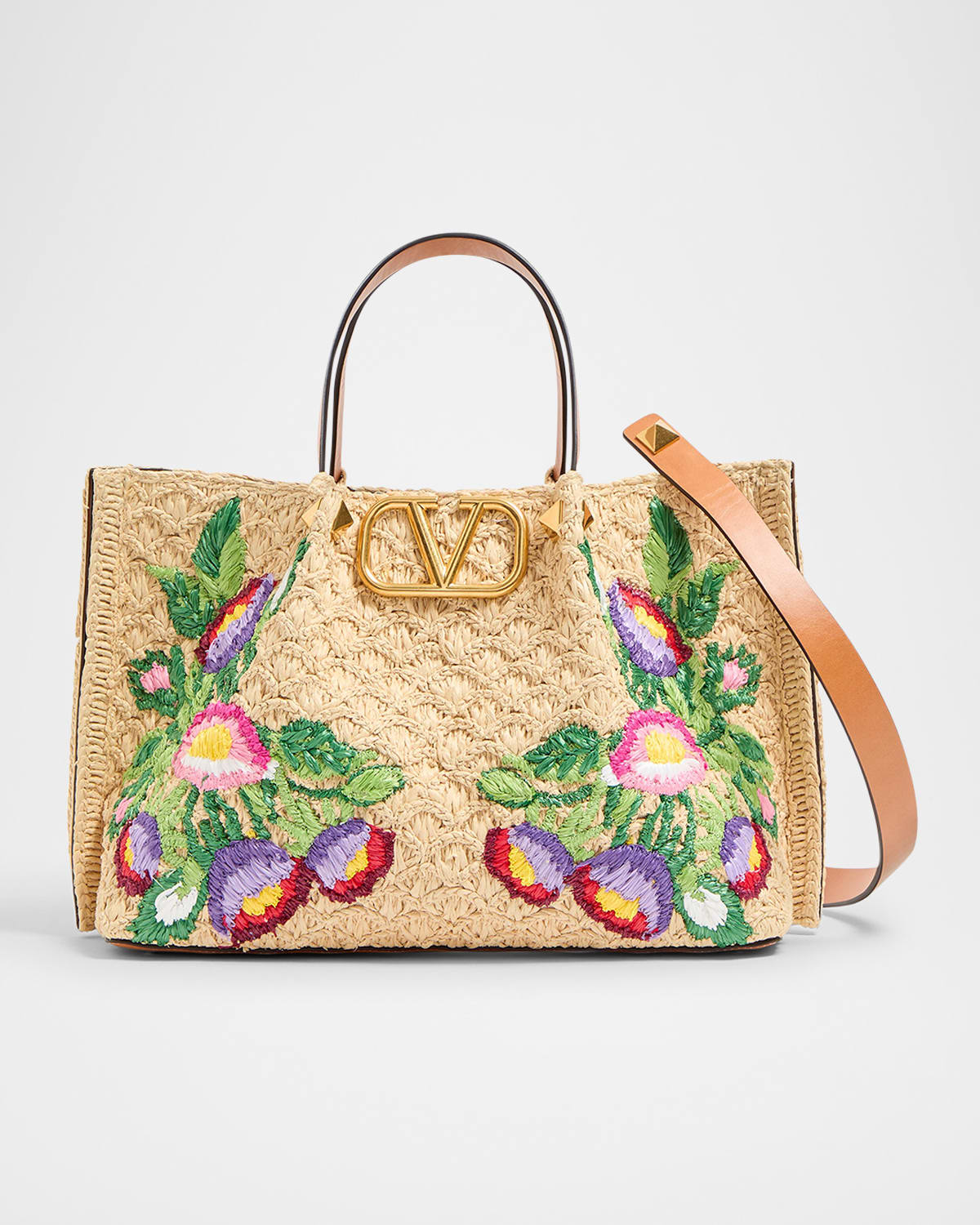 Valentino Garavani Floral Embroidered Raffia Medium Shopping Tote Bag
