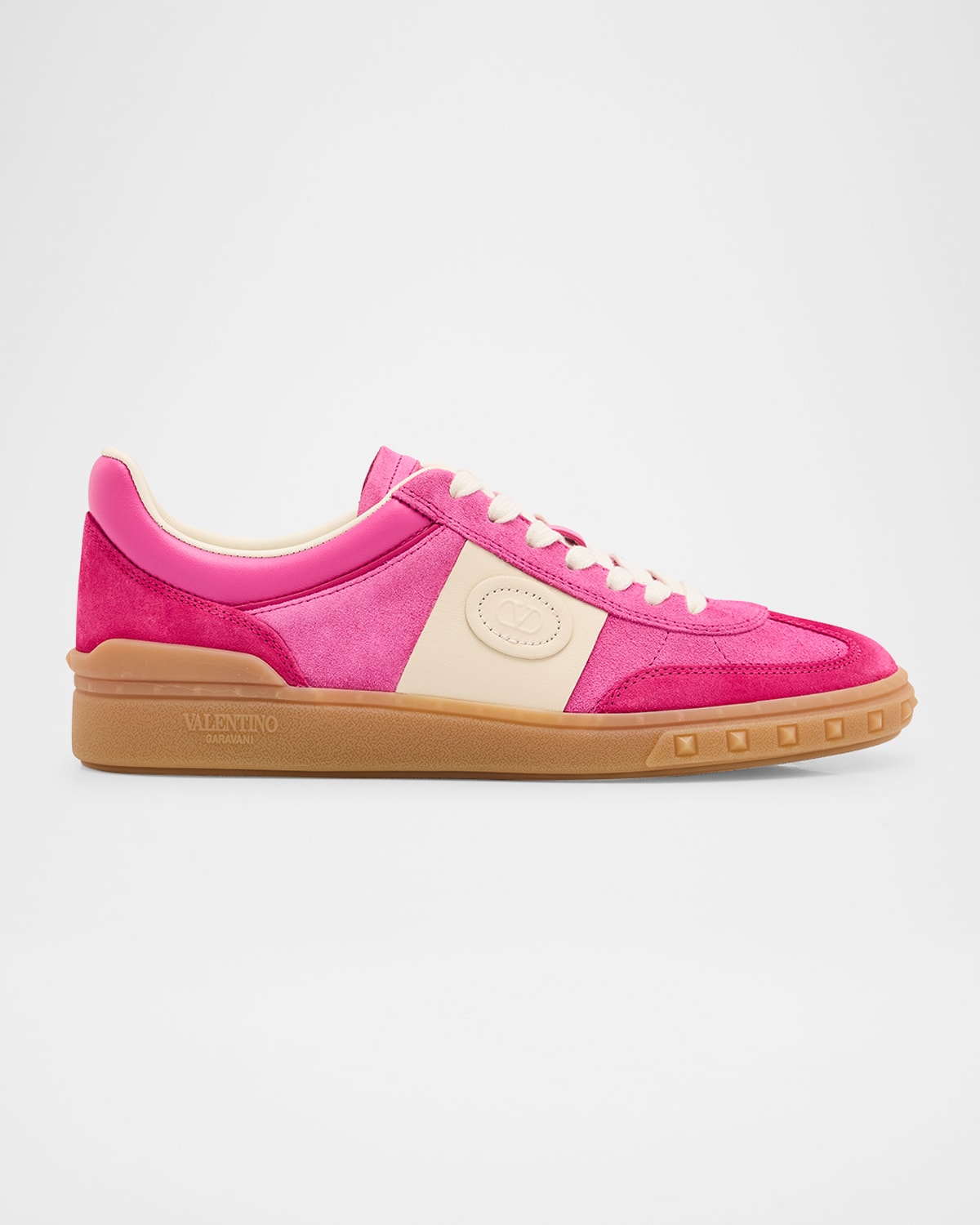 Shop Valentino Upvillage Mixed Leather Low-top Sneakers In Cyclamin Pink/hot Pink/glace