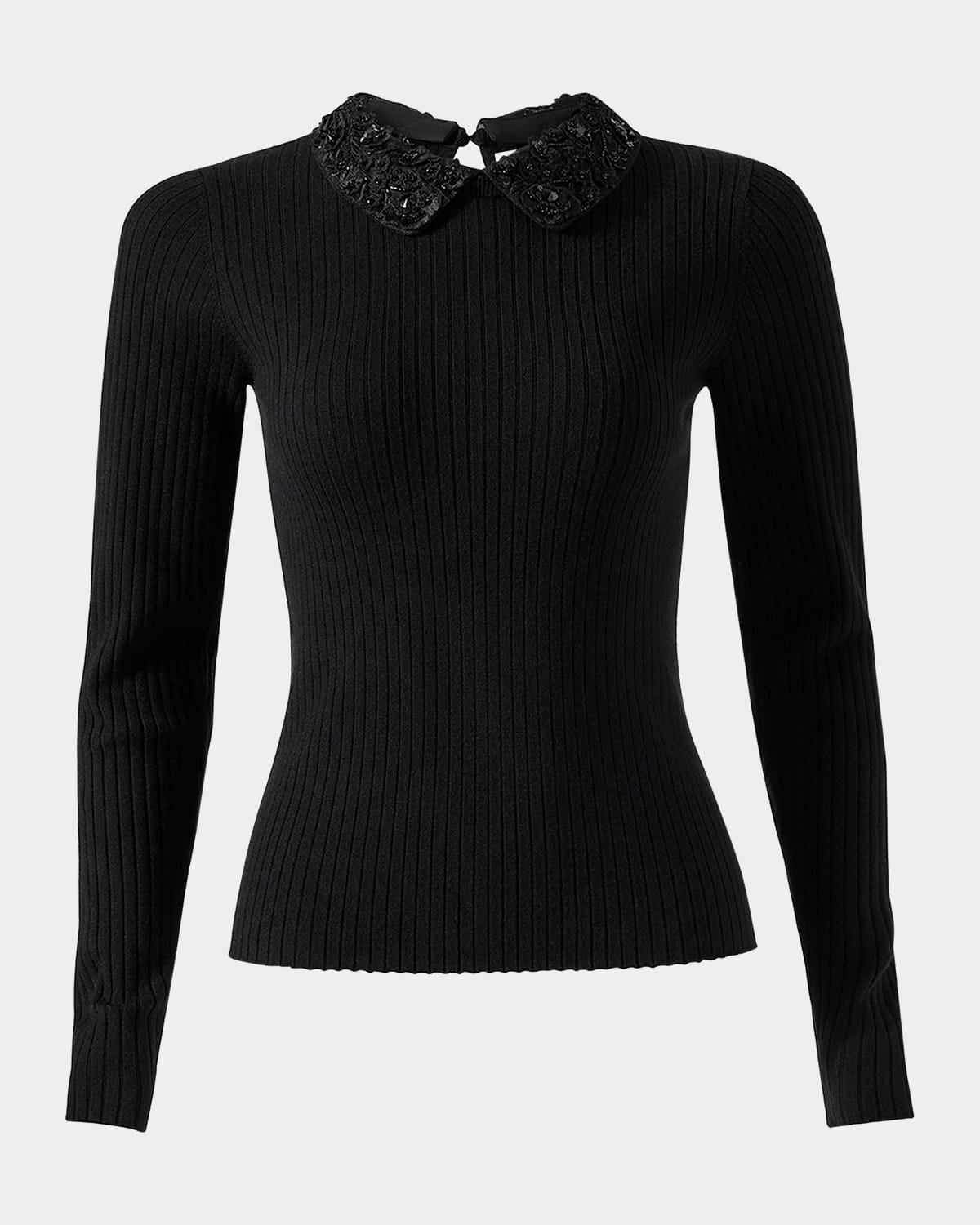 Carolina Herrera Removable Lace Collar Long-sleeve Rib Sweater In Black