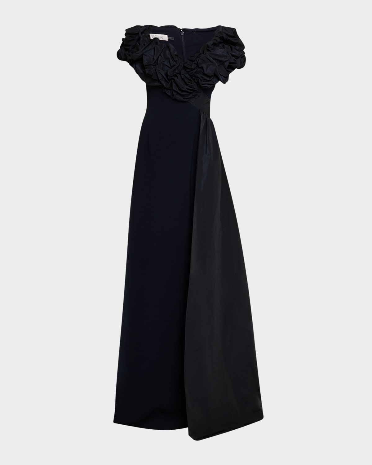 Rickie Freeman For Teri Jon A-line Ruffle Taffeta And Crepe Gown In Navy