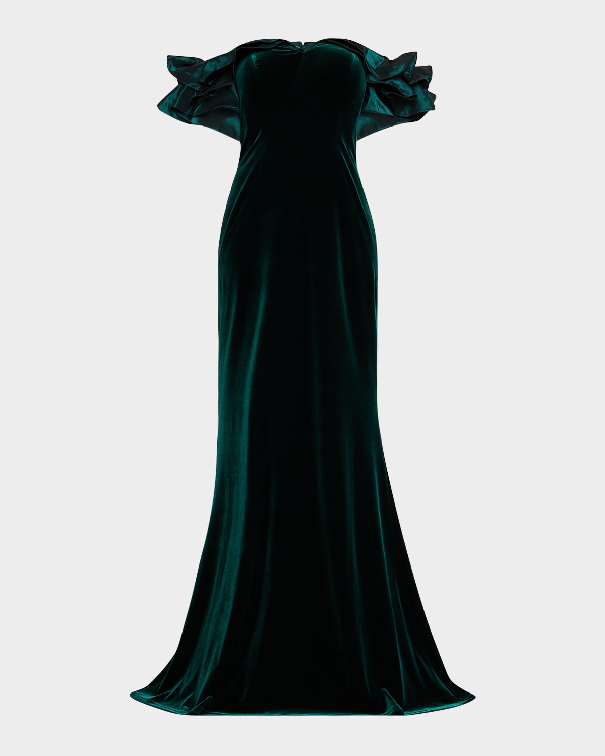 Rickie Freeman For Teri Jon Off-shoulder Stretch Velvet Gown In Forest