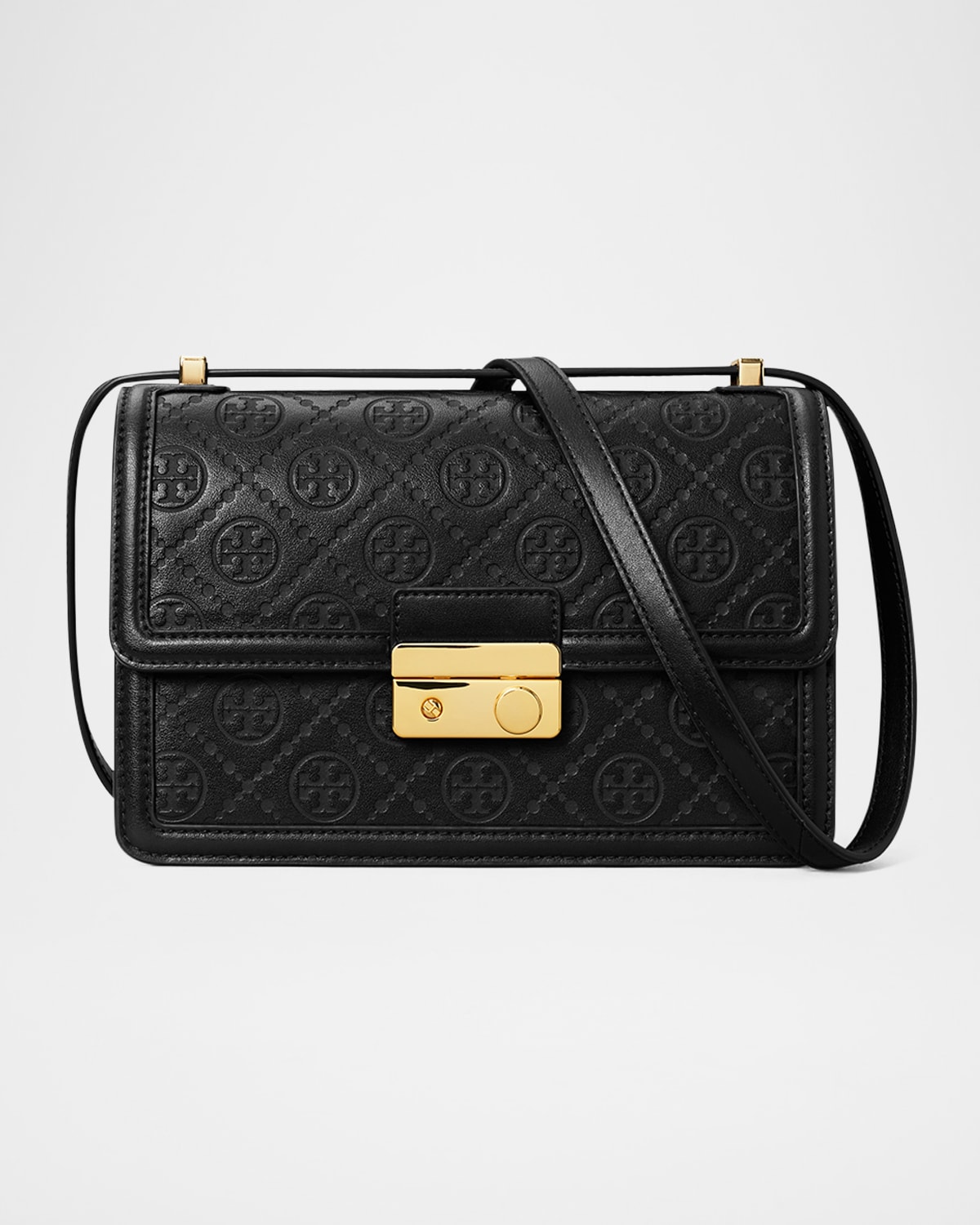 Tory Burch T Monogram Flap Leather Shoulder Bag In Black