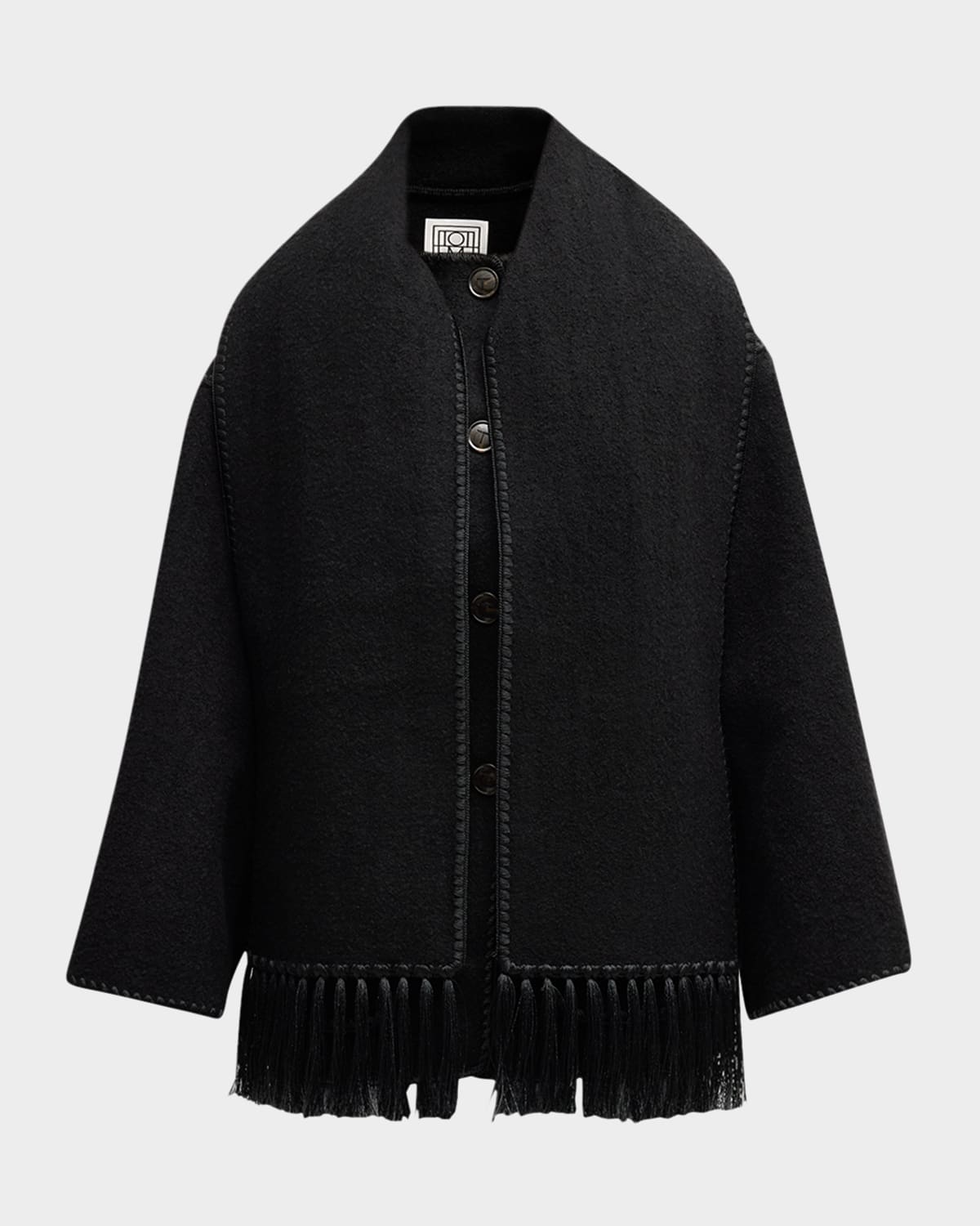 Shop Totême Fringe Embroidered Scarf Wool Jacket In Black