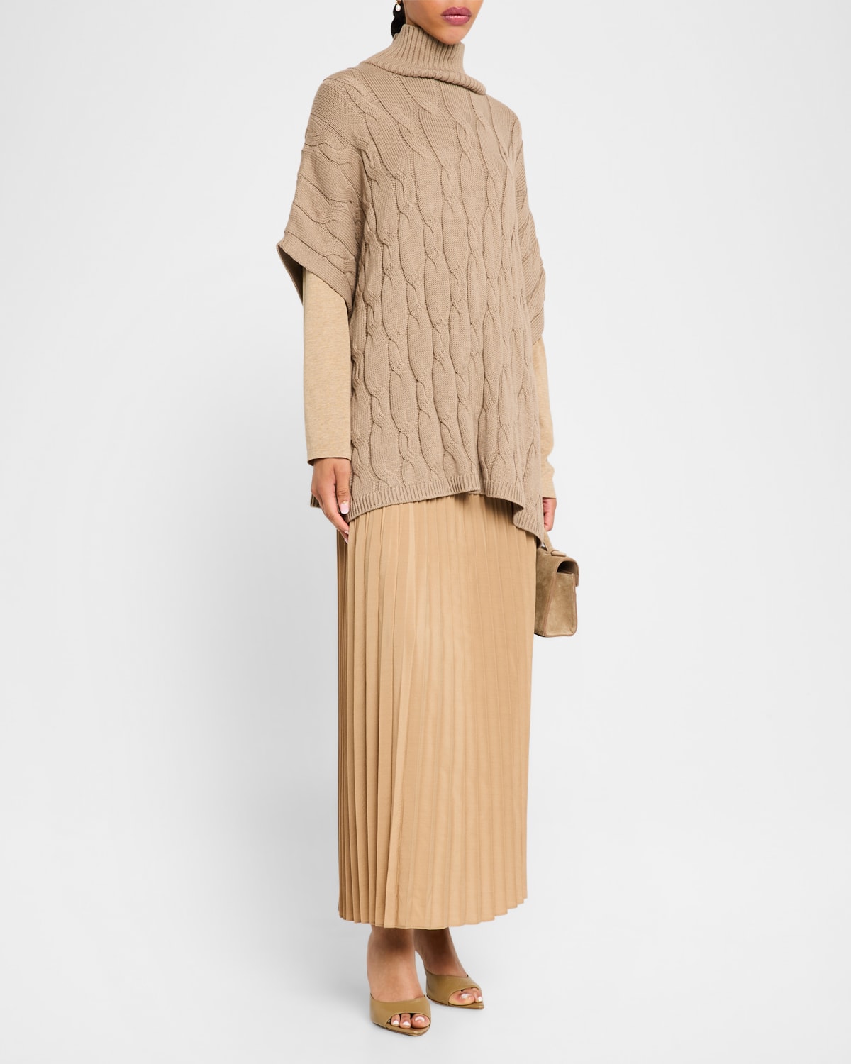 Eileen Fisher Cable-knit Turtleneck Poncho In Biscuit