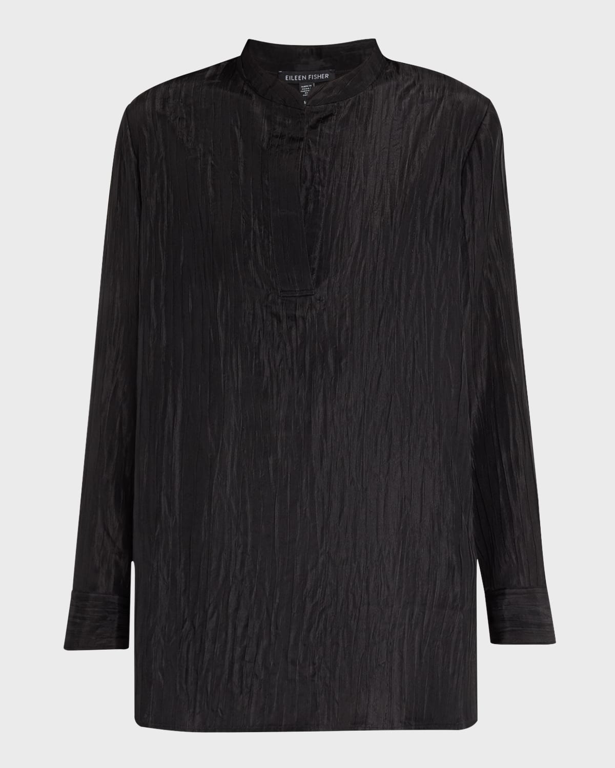 Eileen Fisher Mandarin Collar Textured Stretch Silk Tunic In Black