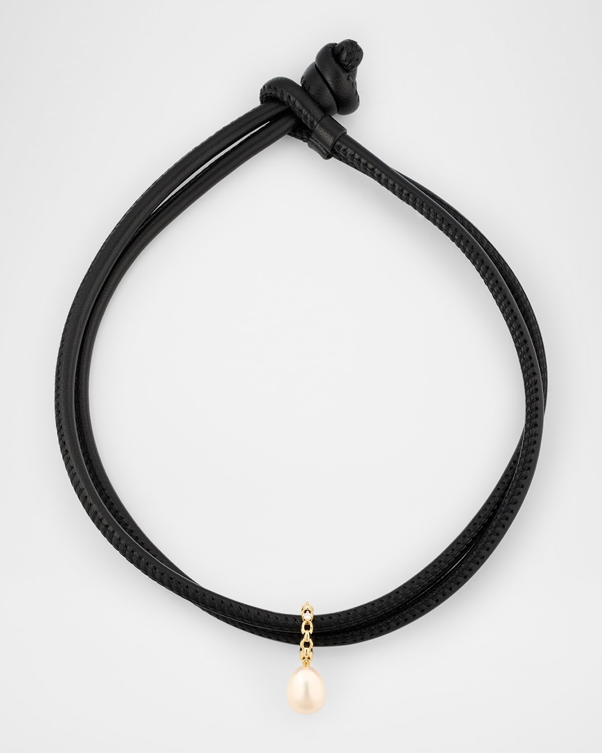 14K Yellow Gold Diamond and Freshwater Pearl Choker Necklace on Leather Chain
