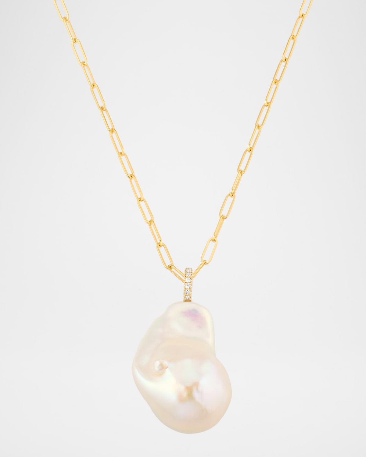 14K Yellow Gold Diamond and Baroque Pearl Link Chain Necklace, 27"L