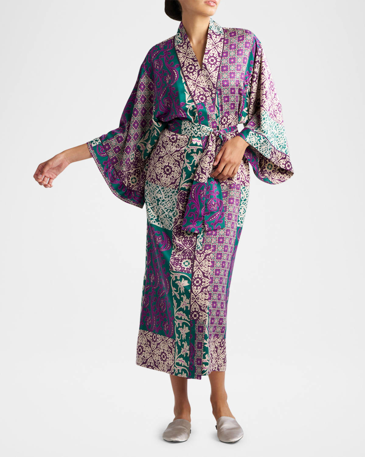 Natori Tapestry Patchwork-print Charmeuse Robe In Purple