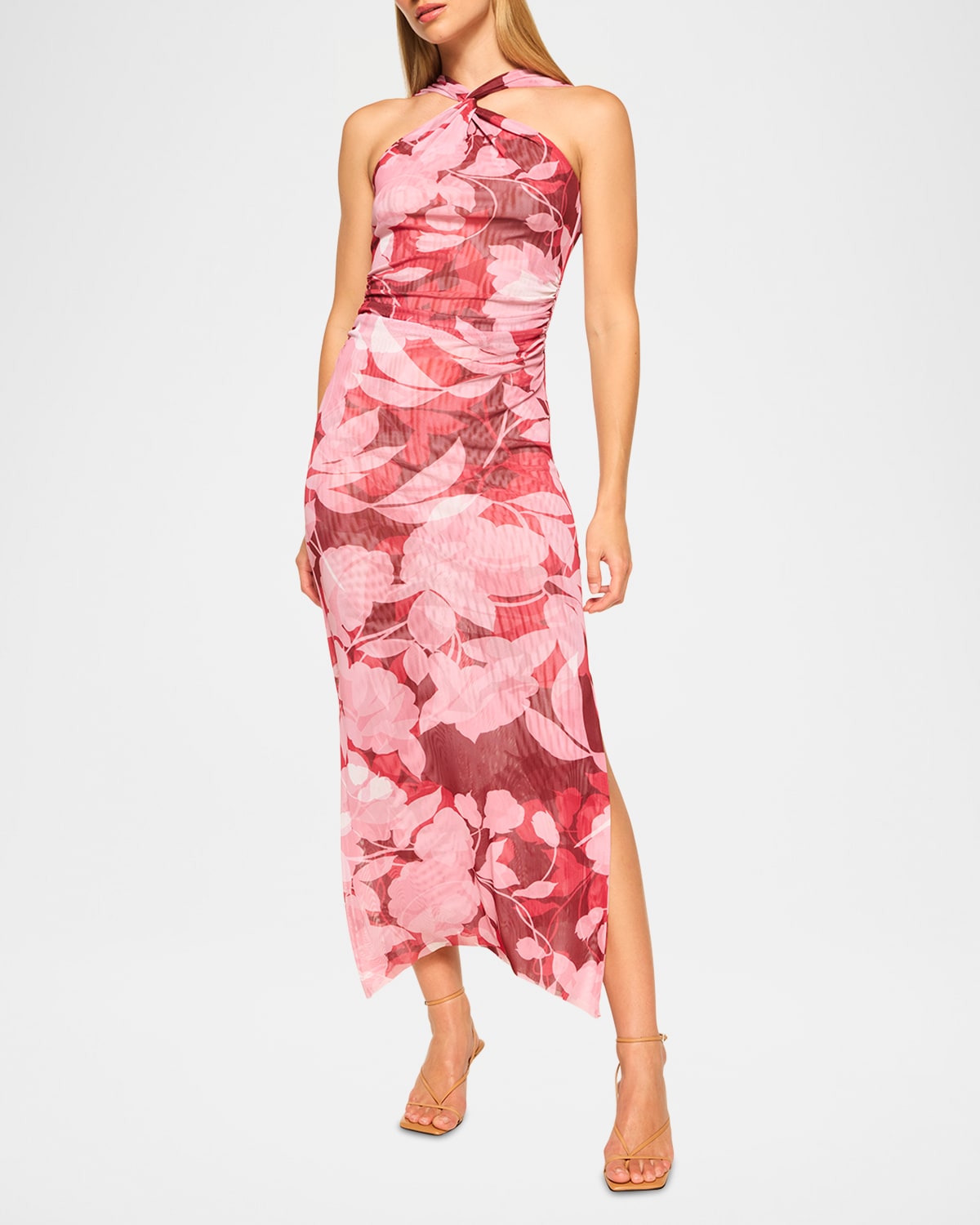 MISA ELAINE FLORAL MESH HALTER MIDI DRESS 