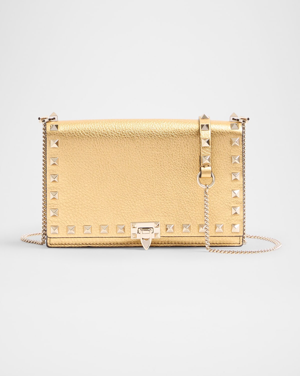 Valentino Mini Rockstud Metallic Leather Wallet On Chain In Old Gold