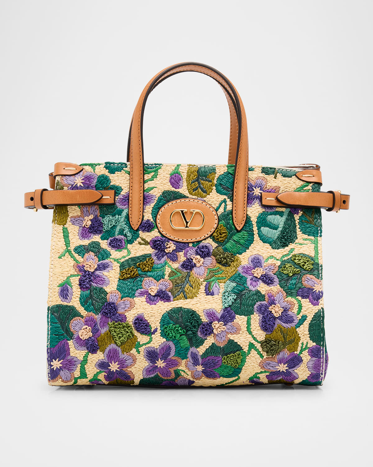 Valentino Antibes Small Violet Flower Raffia Tote Bag In Natural Multi Camel