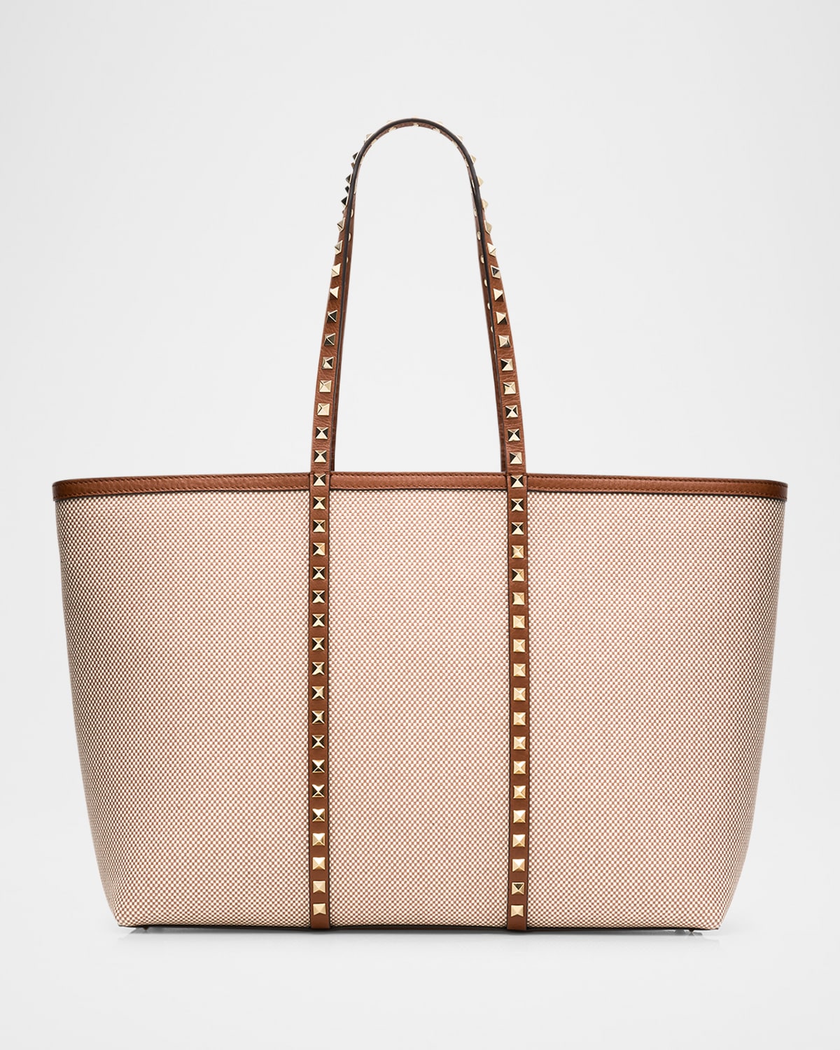 Valentino Rockstud Medium Canvas Tote Bag In Natural Tobacco Selleria