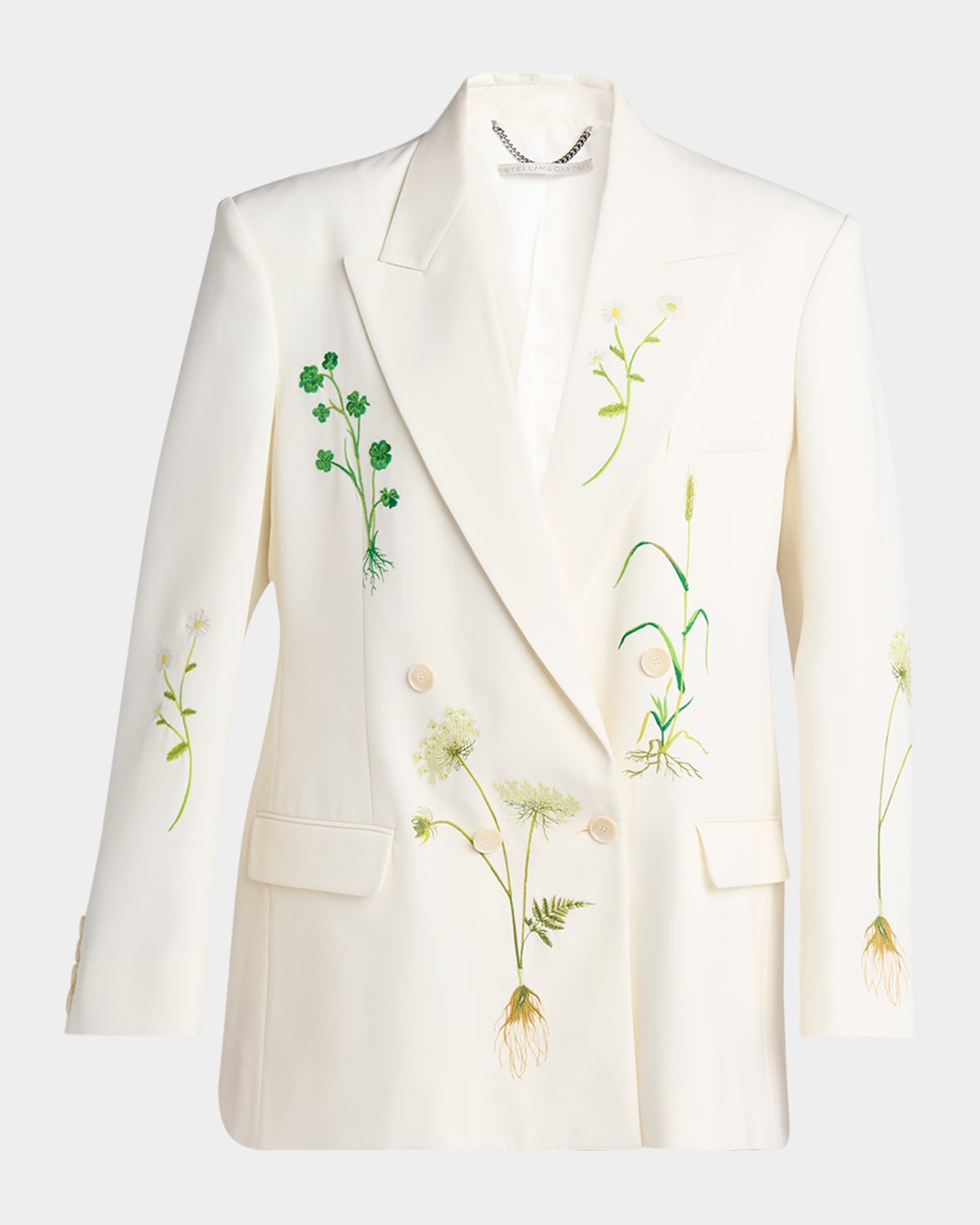 Stella Mccartney Floral Embroidered Oversized Double Breasted Wool Blazer In Cream