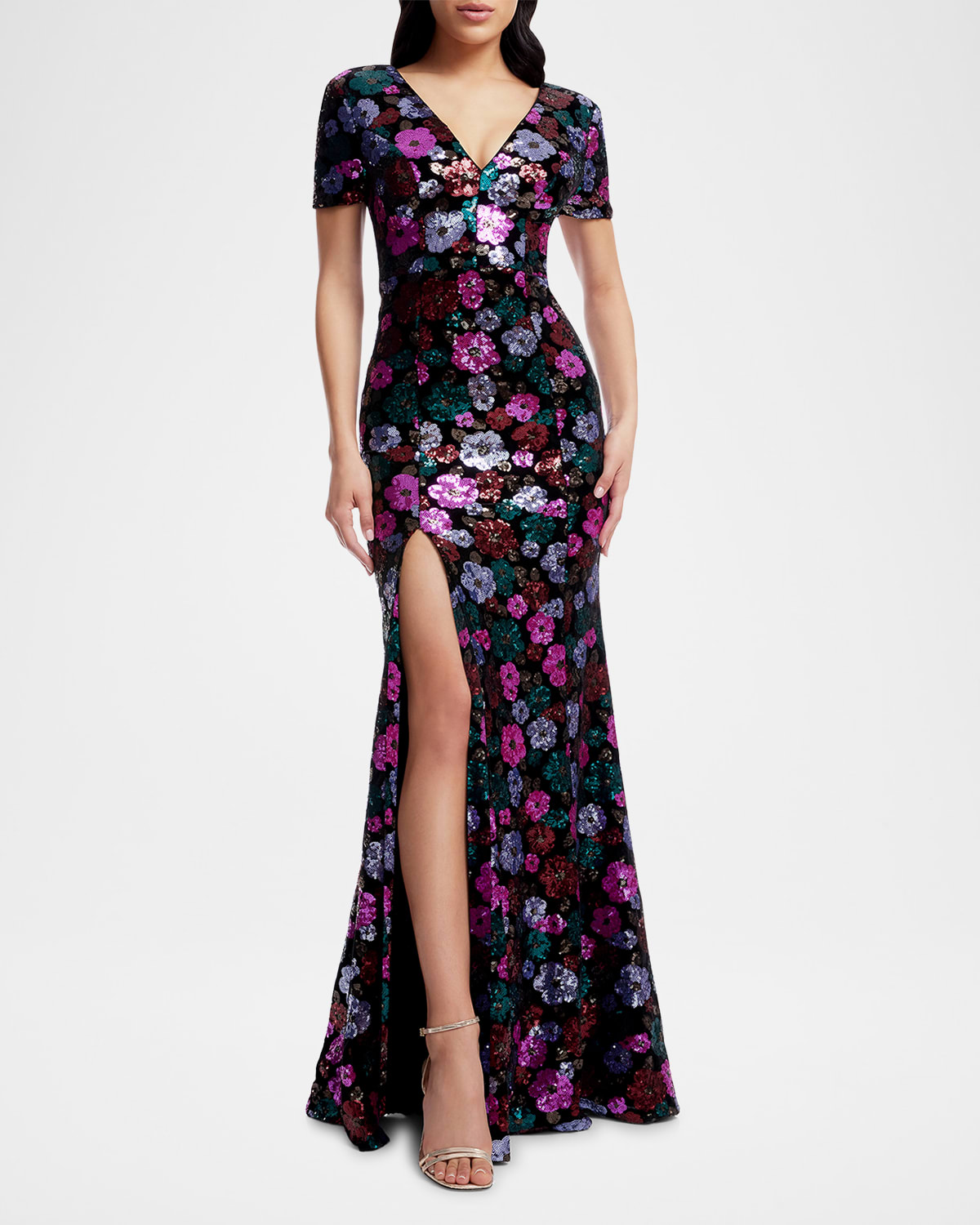 Dress The Population Black Label Karla Floral Sequined Short-sleeve Gown In Black Multi