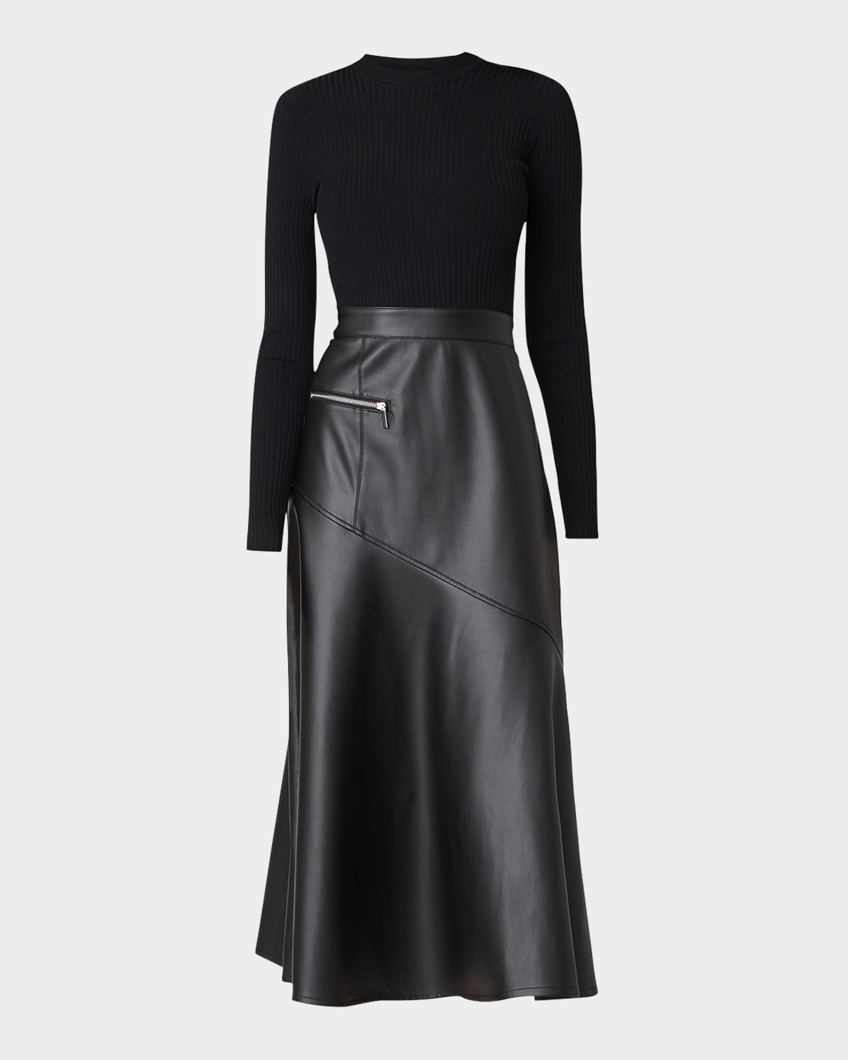 Shoshanna Lonnie Ribbed Knit & Faux Leather Midi Dress In Jet