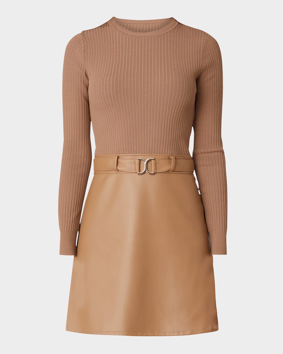 Shoshanna Brayden Ribbed Knit & Faux Leather Mini Dress In Camel