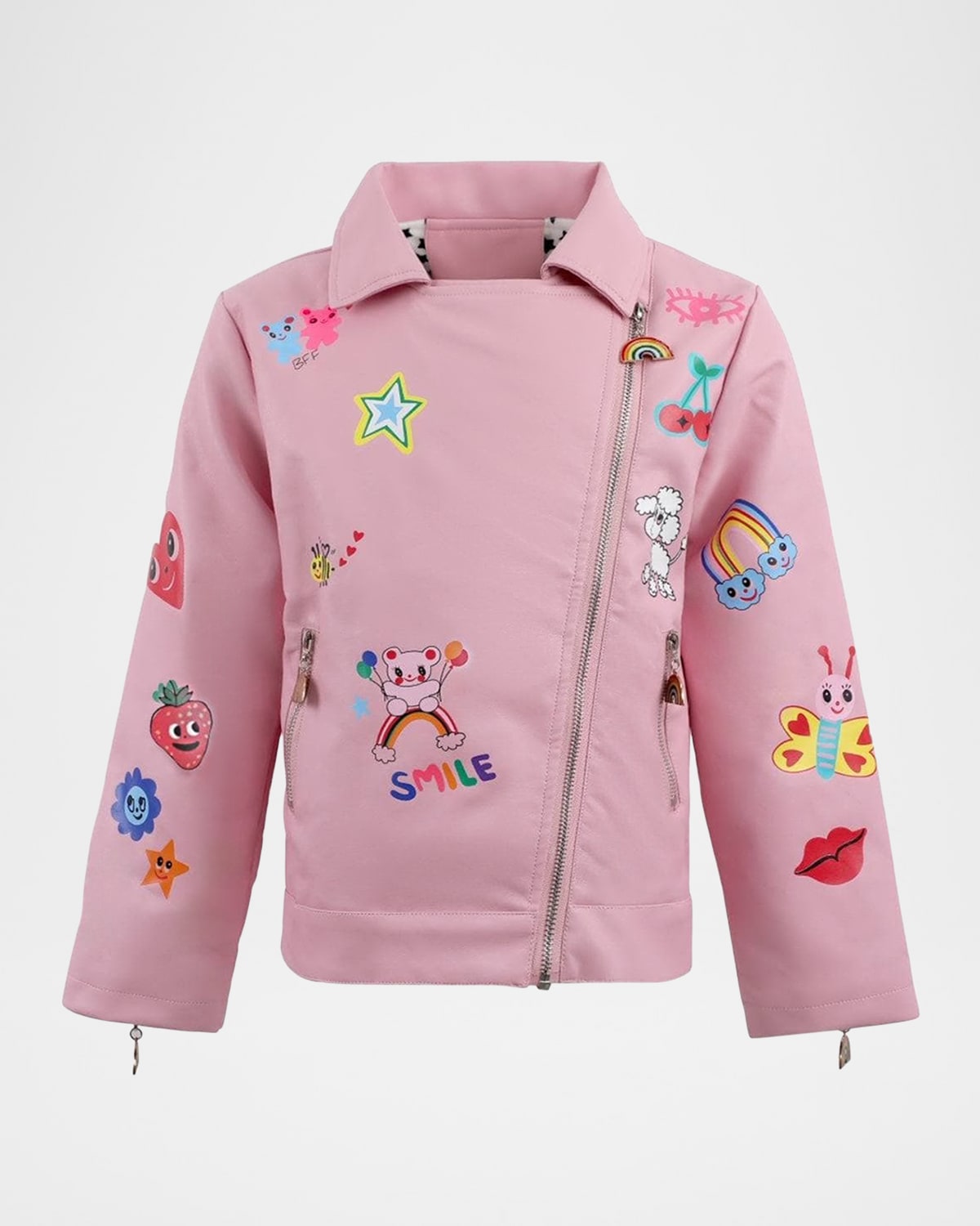 Lola + The Boys Girl's Vegan Leather Moto Jacket W/ Graphic Doodles, Size 2-14