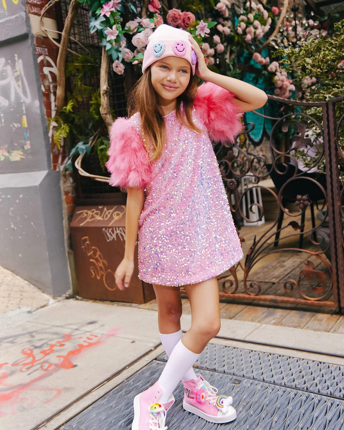 LOLA + THE BOYS GIRL'S FAUX FEATHERS SEQUIN PARTY DRESS 