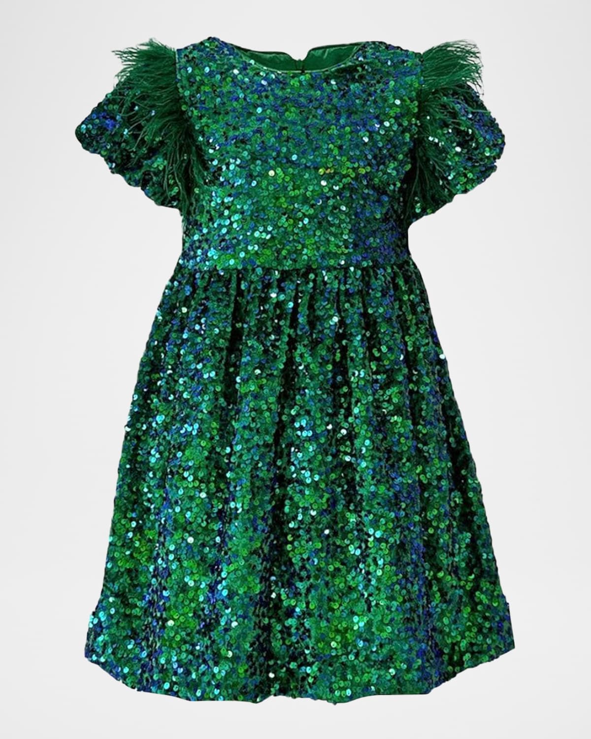 Lola + The Boys Girl's Puff Sequin Shimmer Party Dress In Green