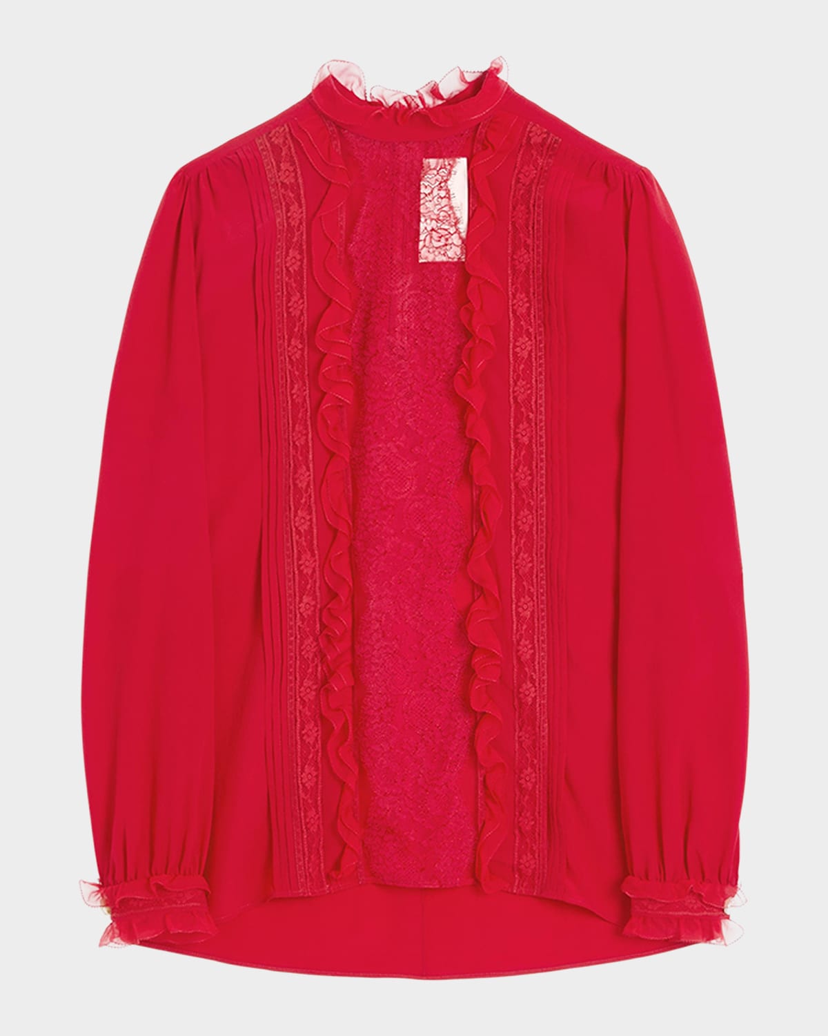 Shop Valentino High-neck Ruffle Lace-bib Silk Blouse In Dark Red