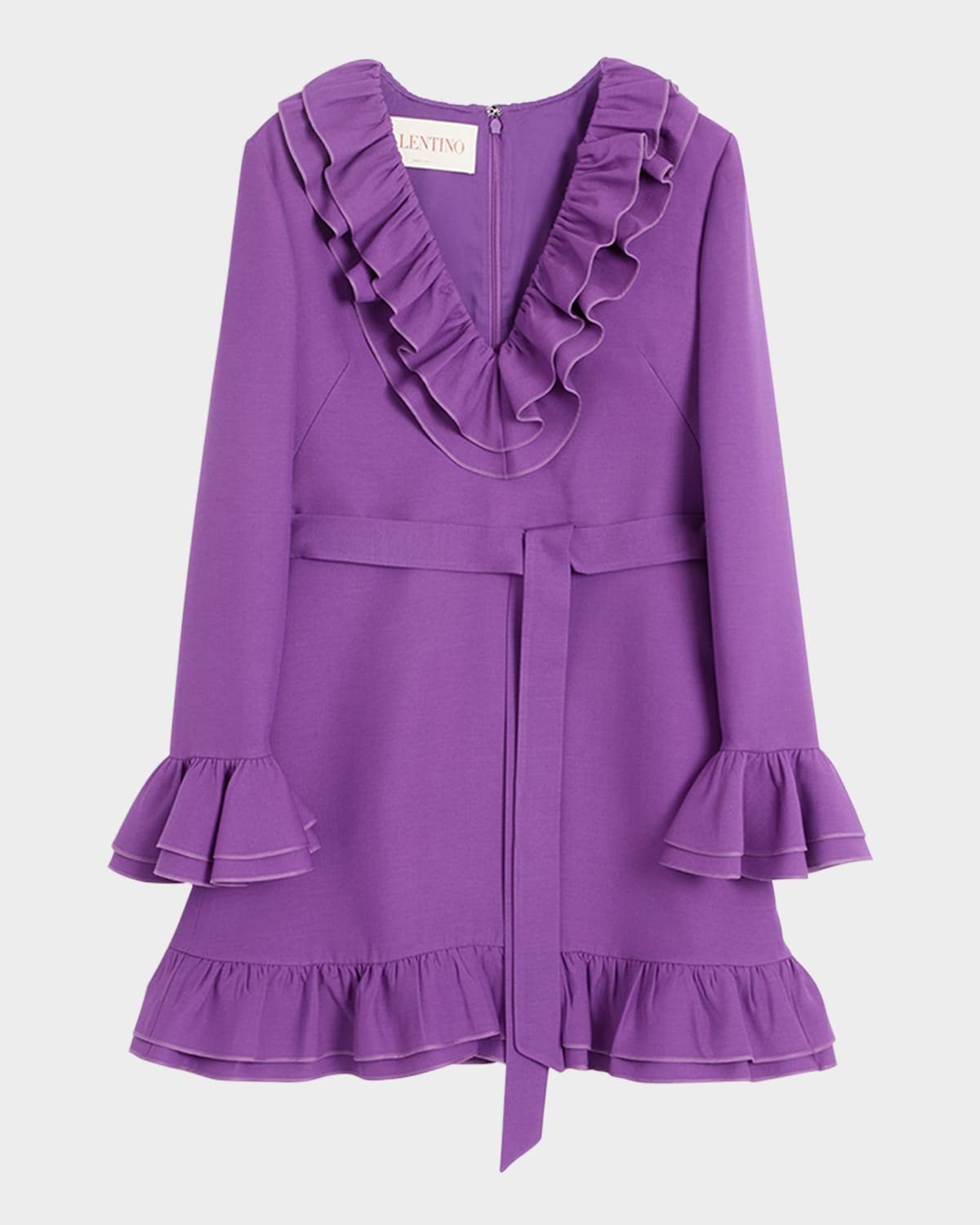 Shop Valentino Tiered Ruffle V-neck Wool Mini Dress In Orchid