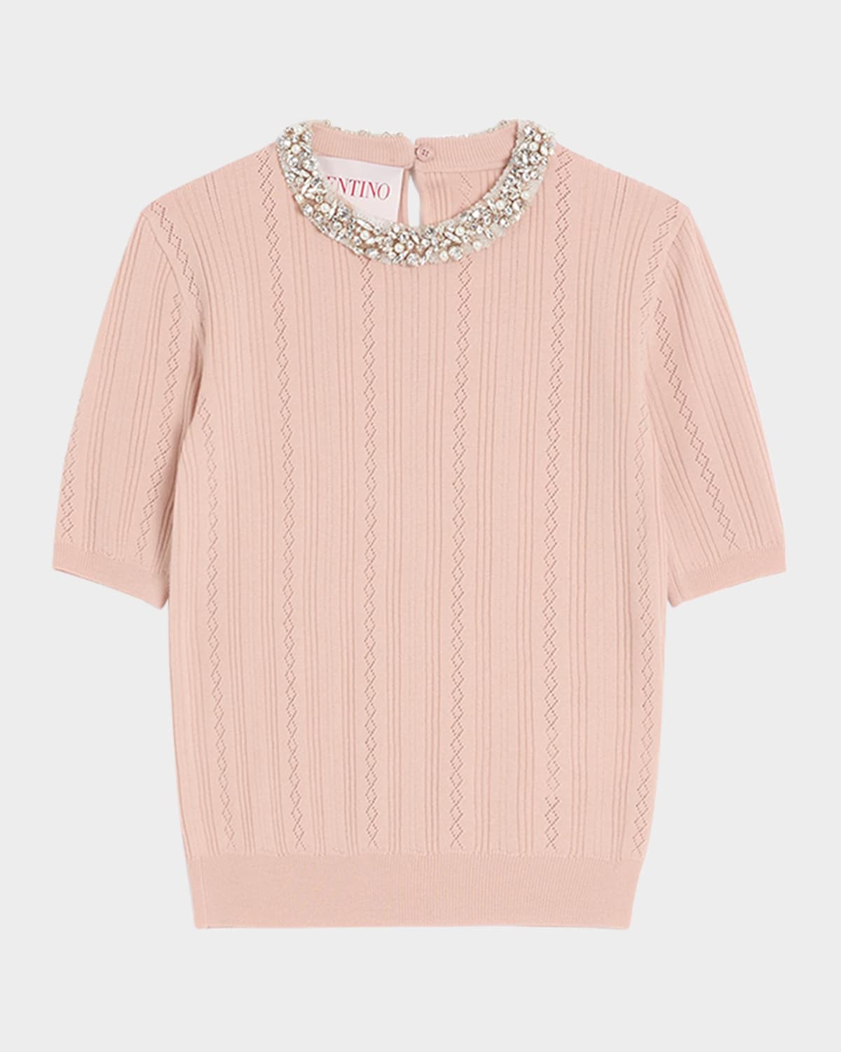 Valentino Beige Vertical Striped Slim Fit Short Sleeve Sweater In Nude