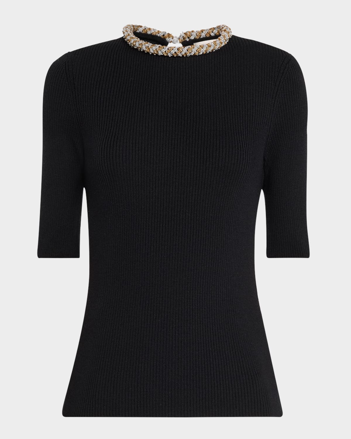 Embellished Elbow-Sleeve Rib Knit Sweater
