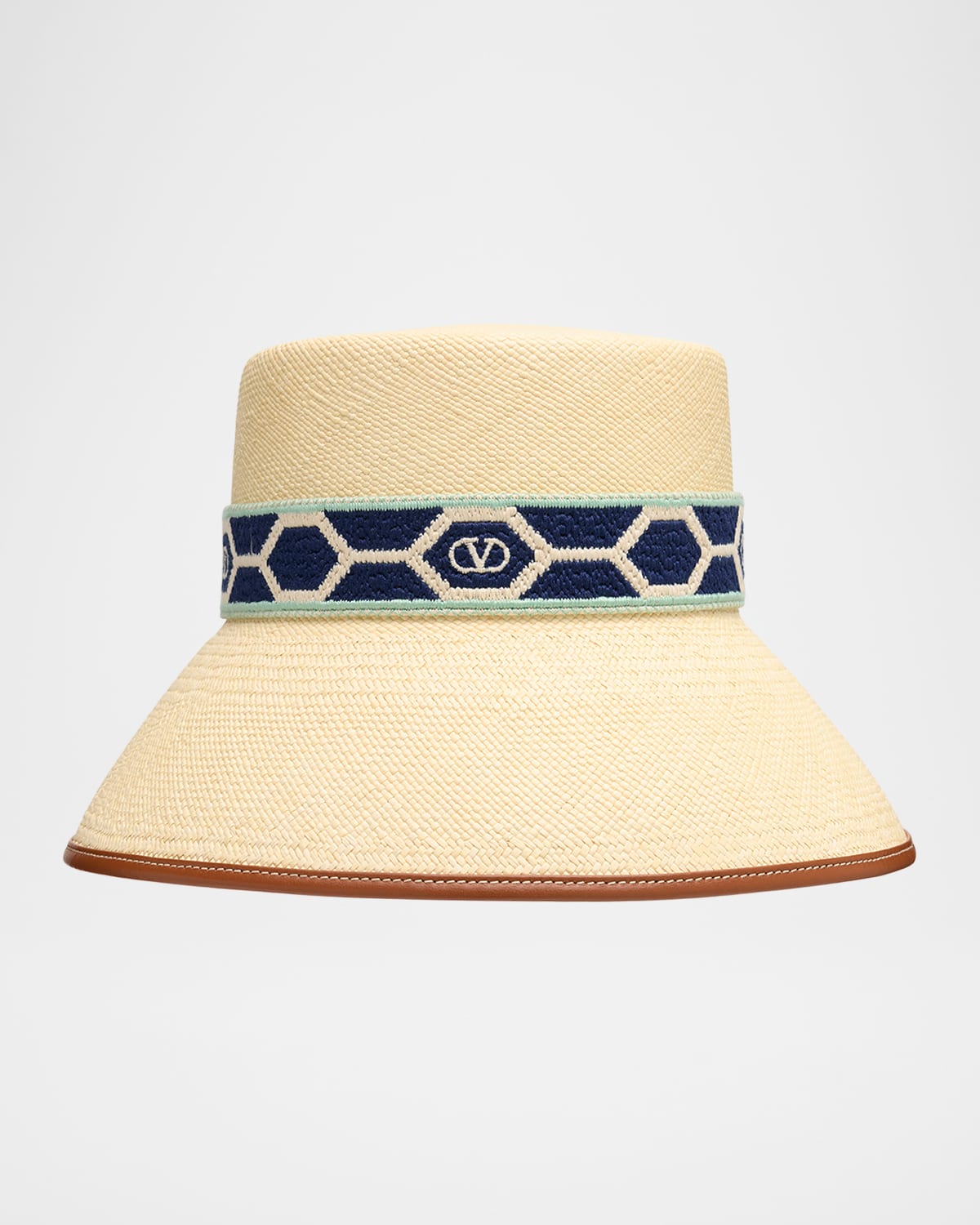 Valentino Embroidered Band Straw Bucket Hat In White