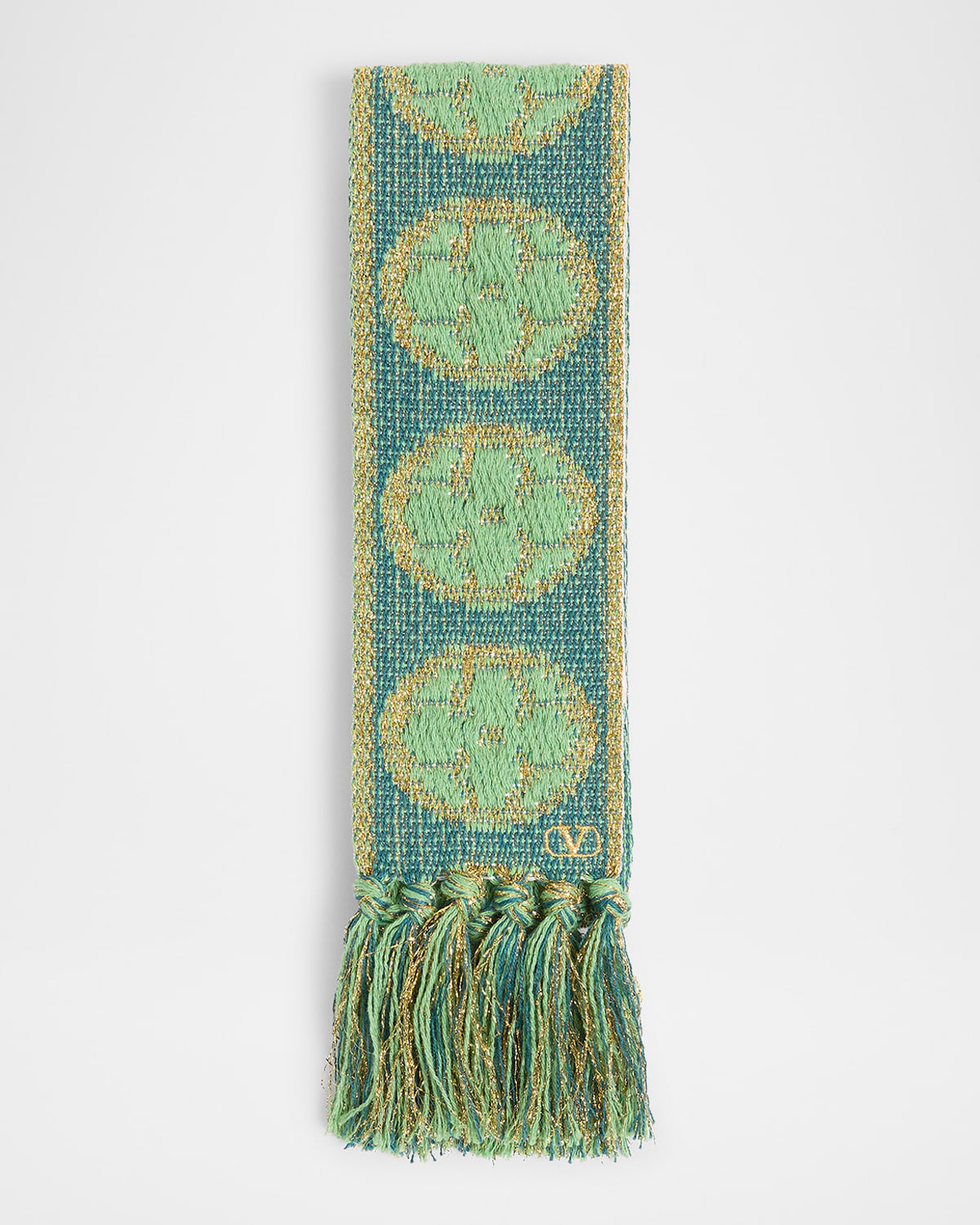 Valentino Metallic Antibes Cotton Fringe Scarf In Verde Acqua