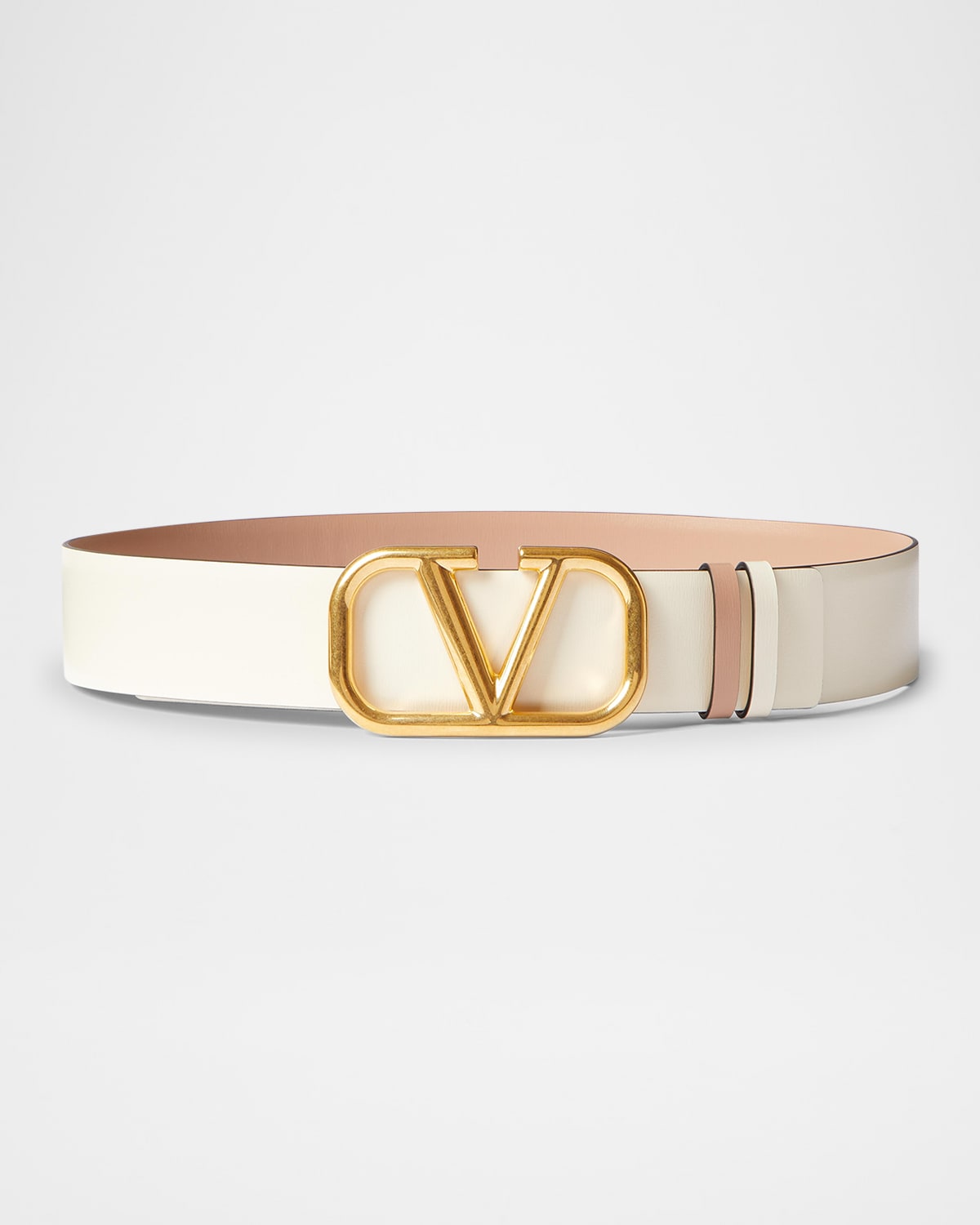 Valentino Vlogo Signature Reversible Leather Belt In C34 Light Ivory Rose Cannelle