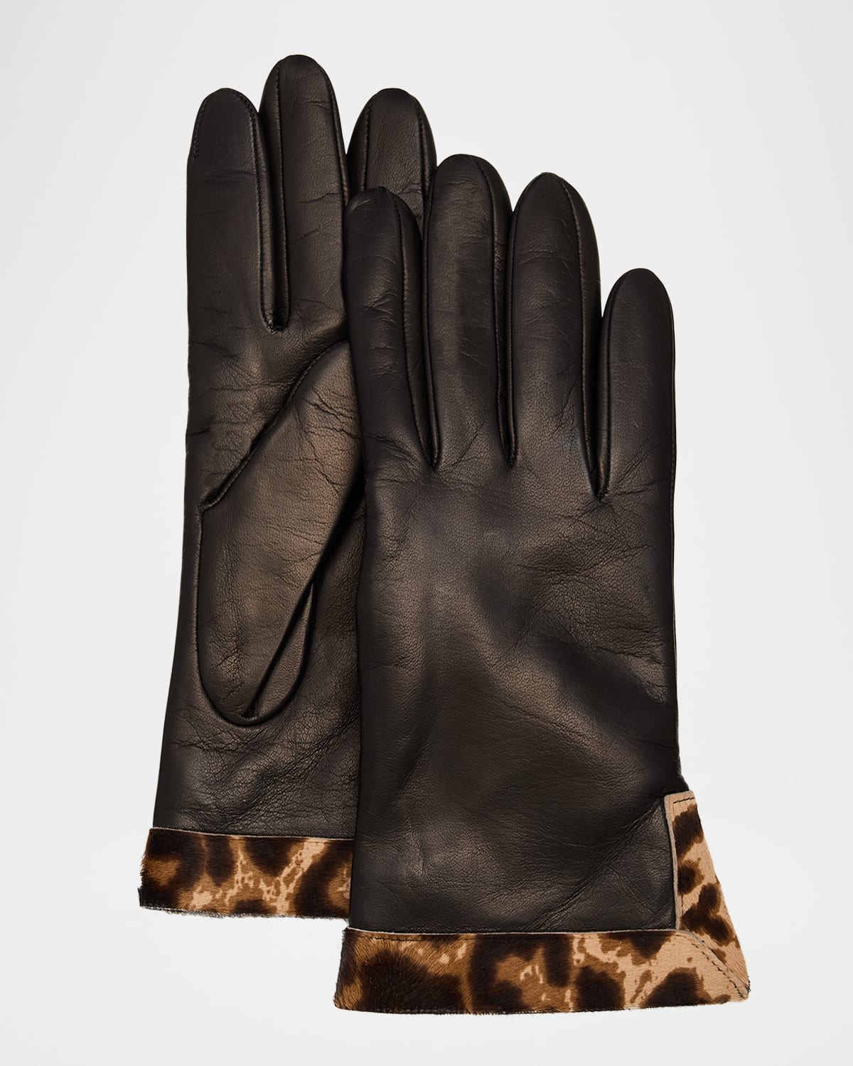 PORTOLANO LEATHER GLOVES W/ CHEETAH-PRINT TRIM 