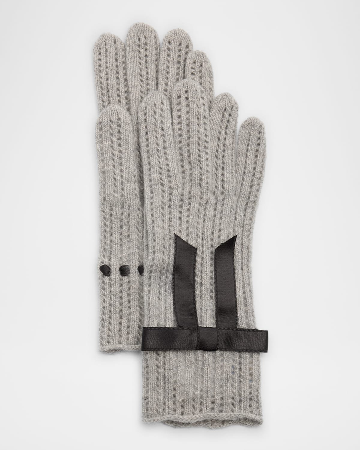 Portolano Pointelle Cashmere Blend Knit Gloves W/ Satin Bow In Lt Ht Grey Blk