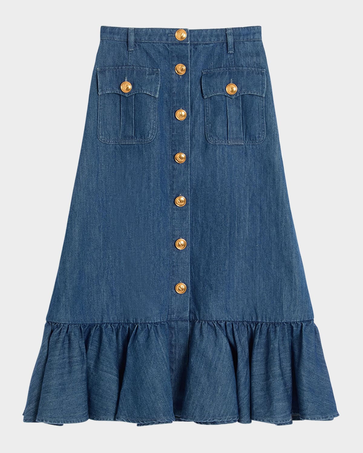 Shop Valentino Button-front Ruffle Denim Midi Skirt