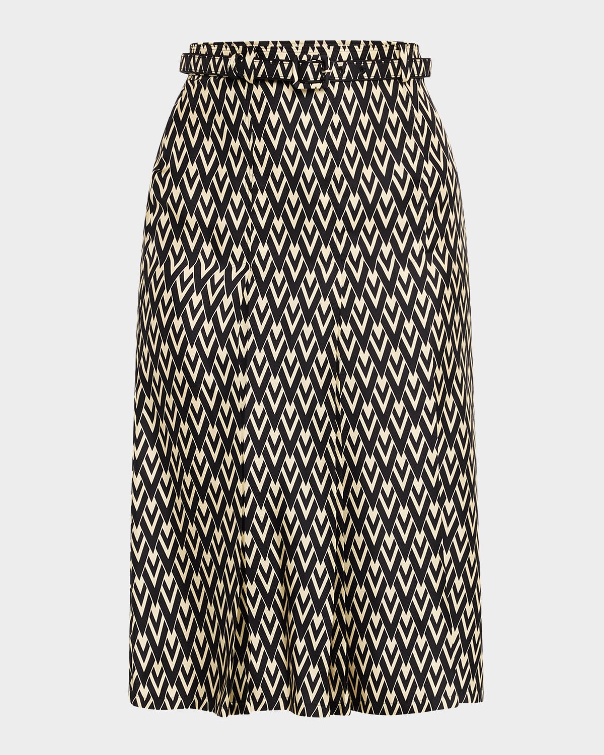 Valentino Belted Pleated Printed Silk-twill Midi Skirt In Black Cream