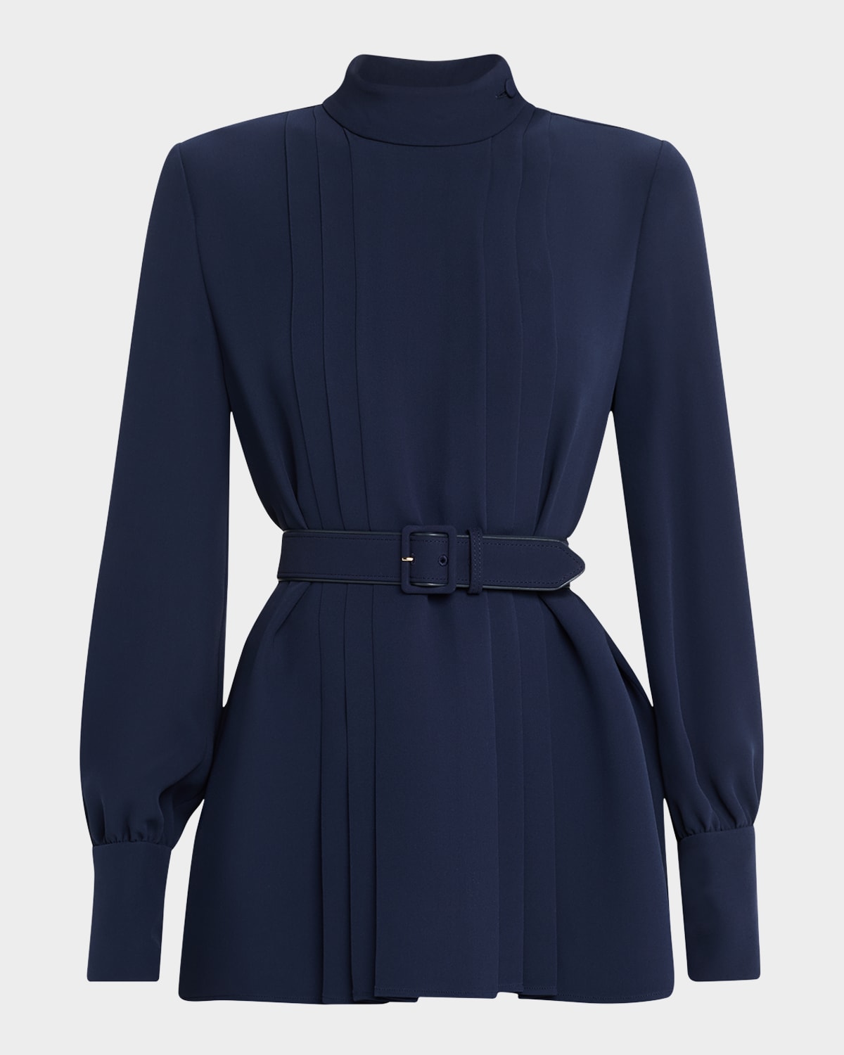 Valentino Pleated Cady Long-sleeve Top With Belt In Indigo