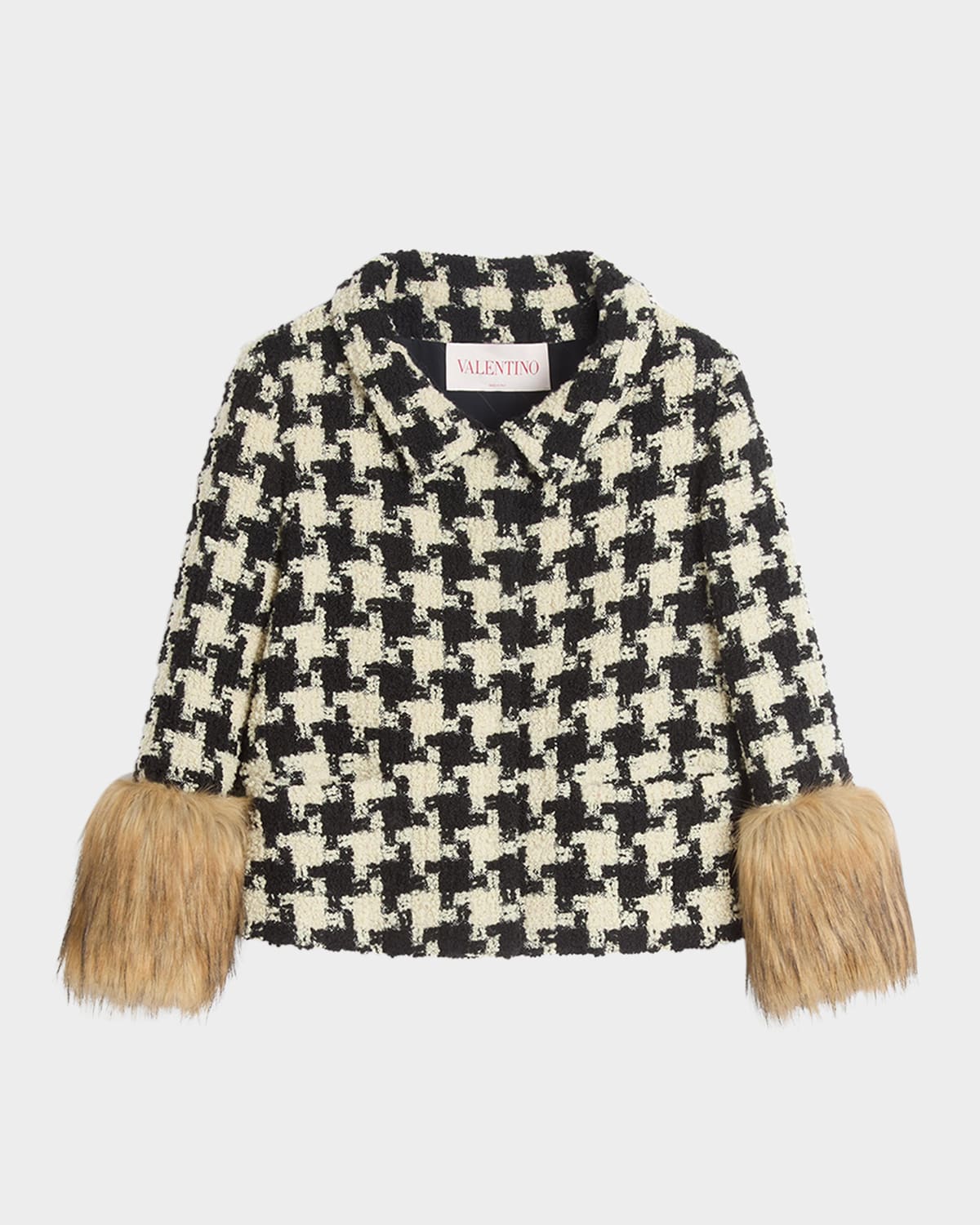 Valentino Faux-fur Macro Houndstooth Tweed Jacket In Ivory Black