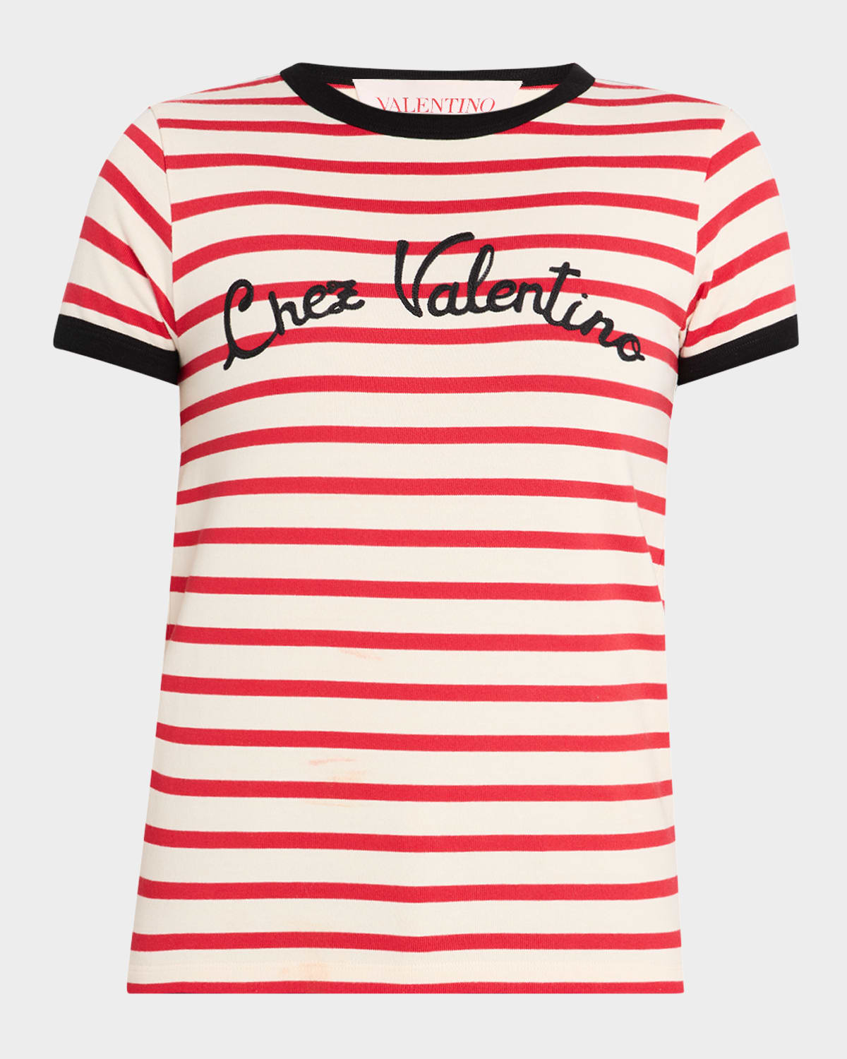 Valentino Women Ivory Striped Jersey Embroidered T-shirt In Ivory Red